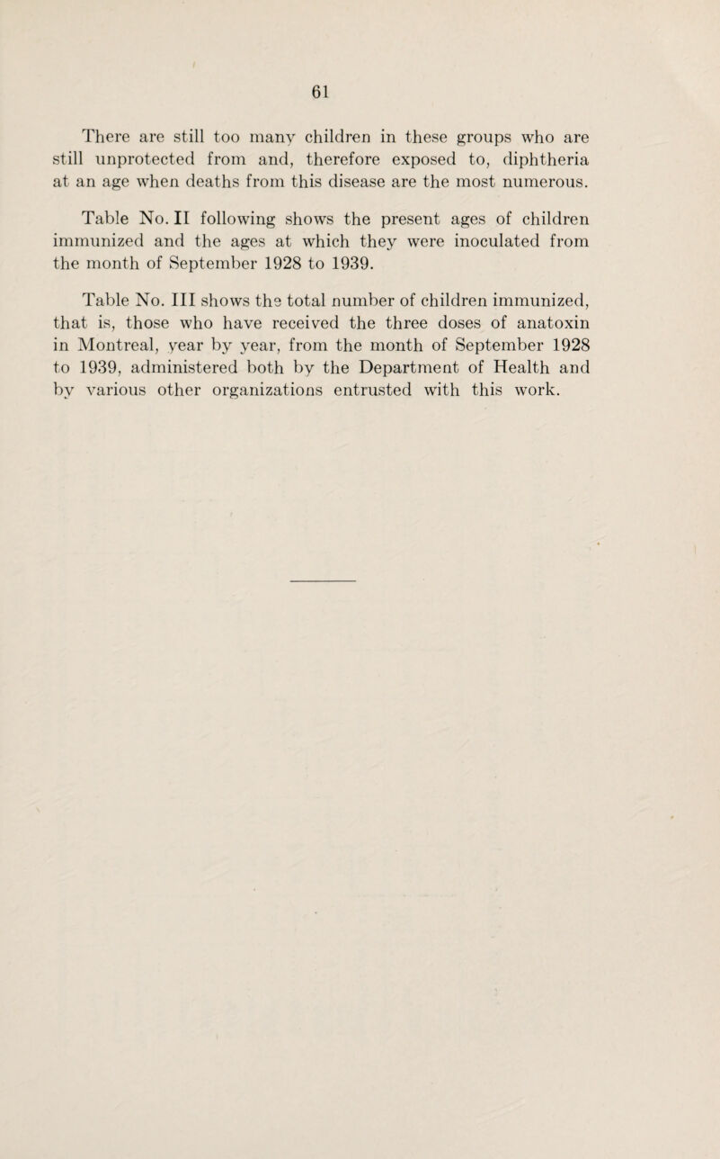 There are still too many children in these groups who are still unprotected from and, therefore exposed to, diphtheria at an age when deaths from this disease are the most numerous. Table No. II following shows the present ages of children immunized and the ages at which they were inoculated from the month of September 1928 to 1939. Table No. Ill shows the total number of children immunized, that is, those who have received the three doses of anatoxin in Montreal, year by year, from the month of September 1928 to 1939, administered both by the Department of Health and by various other organizations entrusted with this work.