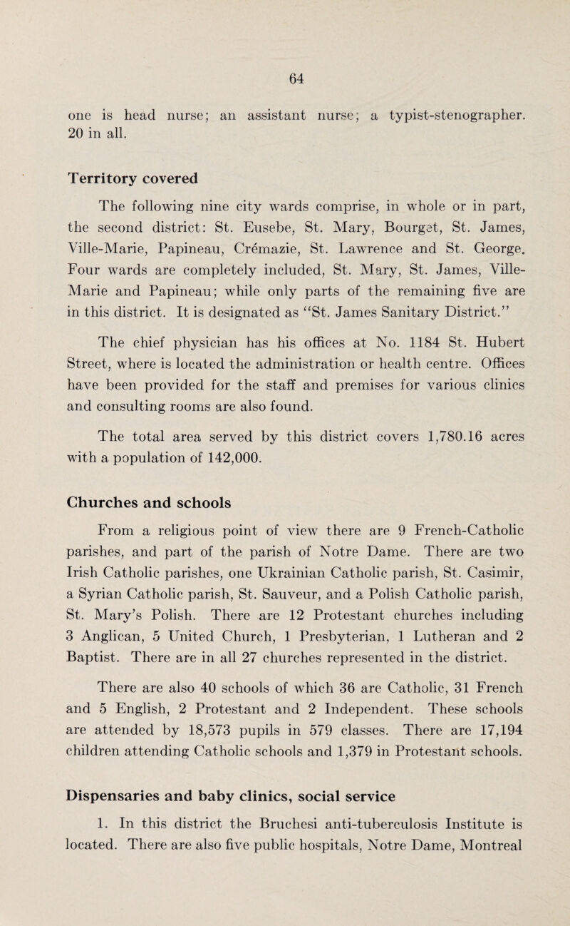 one is head nurse; an assistant nurse; a typist-stenographer. 20 in all. Territory covered The following nine city wards comprise, in whole or in part, the second district: St. Eusebe, St. Mary, Bourget, St. James, Ville-Marie, Papineau, Cremazie, St. Lawrence and St. George. Four wards are completely included, St. Mary, St. James, Ville- Marie and Papineau; while only parts of the remaining five are in this district. It is designated as “St. James Sanitary District/’ The chief physician has his offices at No. 1184 St. Hubert Street, where is located the administration or health centre. Offices have been provided for the staff and premises for various clinics and consulting rooms are also found. The total area served by this district covers 1,780.16 acres with a population of 142,000. Churches and schools From a religious point of view there are 9 French-Catholic parishes, and part of the parish of Notre Dame. There are two Irish Catholic parishes, one Ukrainian Catholic parish, St. Casimir, a Syrian Catholic parish, St. Sauveur, and a Polish Catholic parish, St. Mary’s Polish. There are 12 Protestant churches including 3 Anglican, 5 United Church, 1 Presbyterian, 1 Lutheran and 2 Baptist. There are in all 27 churches represented in the district. There are also 40 schools of which 36 are Catholic, 31 French and 5 English, 2 Protestant and 2 Independent. These schools are attended by 18,573 pupils in 579 classes. There are 17,194 children attending Catholic schools and 1,379 in Protestant schools. Dispensaries and baby clinics, social service 1. In this district the Bruchesi anti-tuberculosis Institute is located. There are also five public hospitals, Notre Dame, Montreal