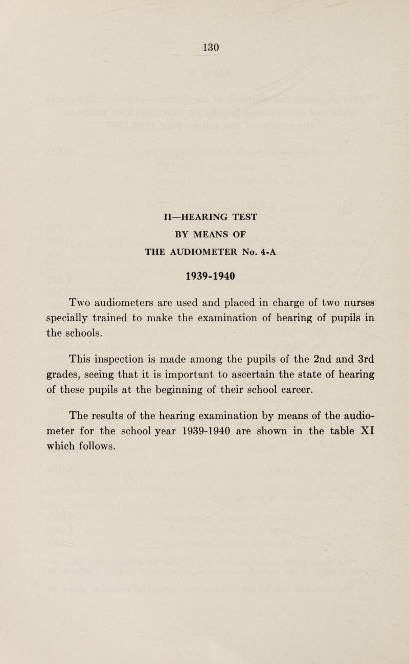 II—HEARING TEST BY MEANS OF THE AUDIOMETER No. 4-A 1939-1940 Two audiometers are used and placed in charge of two nurses specially trained to make the examination of hearing of pupils in the schools. This inspection is made among the pupils of the 2nd and 3rd grades, seeing that it is important to ascertain the state of hearing of these pupils at the beginning of their school career. The results of the hearing examination by means of the audio¬ meter for the school year 1939-1940 are shown in the table XI which follows.