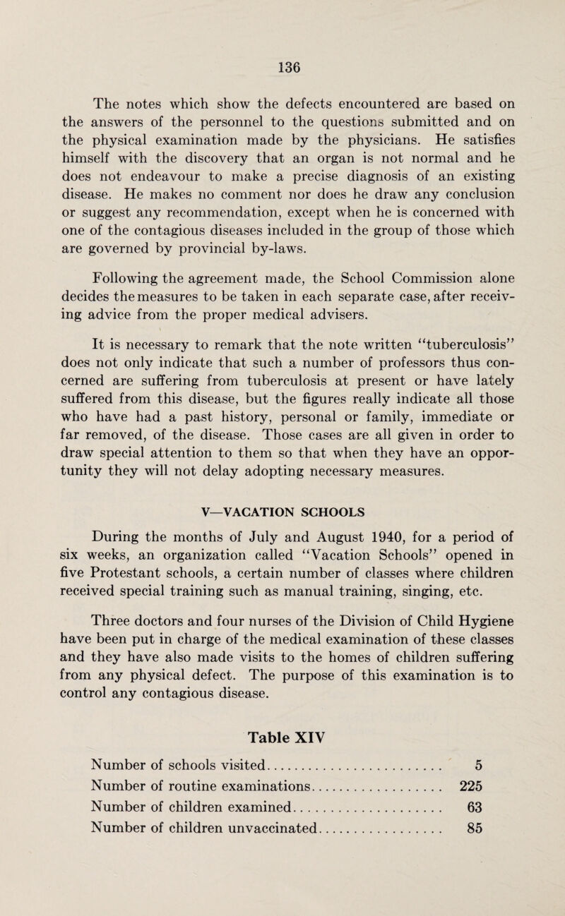 The notes which show the defects encountered are based on the answers of the personnel to the questions submitted and on the physical examination made by the physicians. He satisfies himself with the discovery that an organ is not normal and he does not endeavour to make a precise diagnosis of an existing disease. He makes no comment nor does he draw any conclusion or suggest any recommendation, except when he is concerned with one of the contagious diseases included in the group of those which are governed by provincial by-laws. Following the agreement made, the School Commission alone decides the measures to be taken in each separate case, after receiv¬ ing advice from the proper medical advisers. It is necessary to remark that the note written “tuberculosis” does not only indicate that such a number of professors thus con¬ cerned are suffering from tuberculosis at present or have lately suffered from this disease, but the figures really indicate all those who have had a past history, personal or family, immediate or far removed, of the disease. Those cases are all given in order to draw special attention to them so that when they have an oppor¬ tunity they will not delay adopting necessary measures. V—VACATION SCHOOLS During the months of July and August 1940, for a period of six weeks, an organization called “Vacation Schools” opened in five Protestant schools, a certain number of classes where children received special training such as manual training, singing, etc. Three doctors and four nurses of the Division of Child Hygiene have been put in charge of the medical examination of these classes and they have also made visits to the homes of children suffering from any physical defect. The purpose of this examination is to control any contagious disease. Table XIV Number of schools visited_ Number of routine examinations.. Number of children examined. Number of children unvaccinated. 5 225 63 85