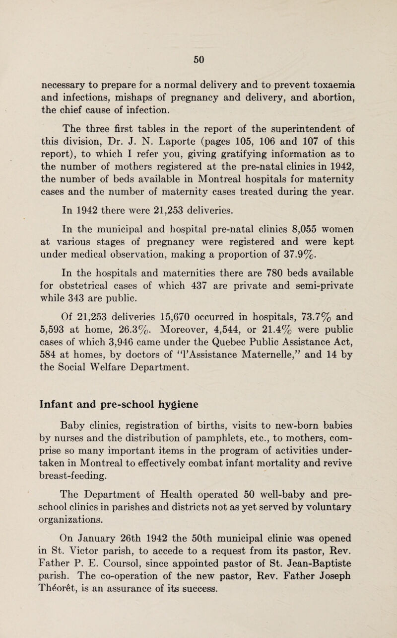 necessary to prepare for a normal delivery and to prevent toxaemia and infections, mishaps of pregnancy and delivery, and abortion, the chief cause of infection. The three first tables in the report of the superintendent of this division, Dr. J. N. Laporte (pages 105, 106 and 107 of this report), to which I refer you, giving gratifying information as to the number of mothers registered at the pre-natal clinics in 1942, the number of beds available in Montreal hospitals for maternity cases and the number of maternity cases treated during the year. In 1942 there were 21,253 deliveries. In the municipal and hospital pre-natal clinics 8,055 women at various stages of pregnancy were registered and were kept under medical observation, making a proportion of 37.9%. In the hospitals and maternities there are 780 beds available for obstetrical cases of which 437 are private and semi-private while 343 are public. Of 21,253 deliveries 15,670 occurred in hospitals, 73.7% and 5,593 at home, 26.3%. Moreover, 4,544, or 21.4% were public cases of which 3,946 came under the Quebec Public Assistance Act, 584 at homes, by doctors of “YAssistance Maternelle,” and 14 by the Social Welfare Department. Infant and pre-school hygiene Baby clinics, registration of births, visits to new-born babies by nurses and the distribution of pamphlets, etc., to mothers, com¬ prise so many important items in the program of activities under¬ taken in Montreal to effectively combat infant mortality and revive breast-feeding. The Department of Health operated 50 well-baby and pre¬ school clinics in parishes and districts not as yet served by voluntary organizations. On January 26th 1942 the 50th municipal clinic was opened in St. Victor parish, to accede to a request from its pastor, Rev. Father P. E. Coursol, since appointed pastor of St. Jean-Baptiste parish. The co-operation of the new pastor, Rev. Father Joseph Th^oret, is an assurance of its success.