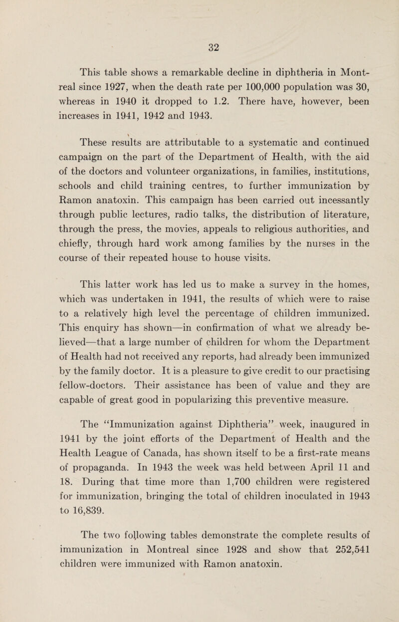 This table shows a remarkable decline in diphtheria in Mont¬ real since 1927, when the death rate per 100,000 population was 30, whereas in 1940 it dropped to 1.2. There have, however, been increases in 1941, 1942 and 1943. > These results are attributable to a systematic and continued campaign on the part of the Department of Health, with the aid of the doctors and volunteer organizations, in families, institutions, schools and child training centres, to further immunization by Ramon anatoxin. This campaign has been carried out incessantly through public lectures, radio talks, the distribution of literature, through the press, the movies, appeals to religious authorities, and chiefly, through hard work among families by the nurses in the course of their repeated house to house visits. This latter work has led us to make a survey in the homes, which was undertaken in 1941, the results of which were to raise to a relatively high level the percentage of children immunized. This enquiry has shown—in confirmation of what we already be¬ lieved—that a large number of children for whom the Department of Health had not received any reports, had already been immunized by the family doctor. It is a pleasure to give credit to our practising fellow-doctors. Their assistance has been of value and they are capable of great good in popularizing this preventive measure. The “Immunization against Diphtheria” week, inaugured in _ ✓ 1941 by the joint efforts of the Department of Health and the Health League of Canada, has shown itself to be a first-rate means of propaganda. In 1943 the week was held between April 11 and 18. During that time more than 1,700 children were registered for immunization, bringing the total of children inoculated in 1943 to 16,839. The two following tables demonstrate the complete results of immunization in Montreal since 1928 and show that 252,541 children were immunized with Ramon anatoxin.