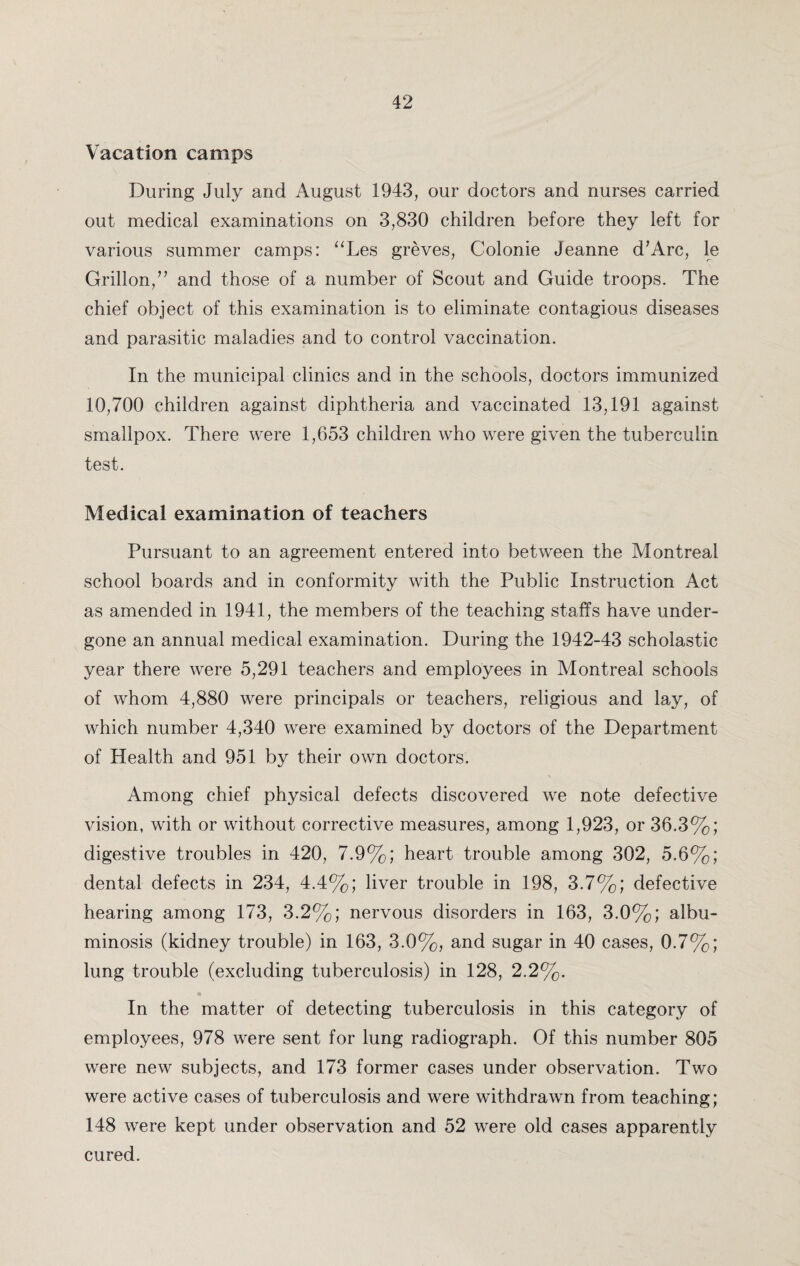 Vacation camps During July and August 1943, our doctors and nurses carried out medical examinations on 3,830 children before they left for various summer camps: “Les greves, Colonie Jeanne d’Arc, le Griffon,” and those of a number of Scout and Guide troops. The chief object of this examination is to eliminate contagious diseases and parasitic maladies and to control vaccination. In the municipal clinics and in the schools, doctors immunized 10,700 children against diphtheria and vaccinated 13,191 against smallpox. There were 1,653 children who were given the tuberculin test. Medical examination of teachers Pursuant to an agreement entered into between the Montreal school boards and in conformity with the Public Instruction Act as amended in 1941, the members of the teaching staffs have under¬ gone an annual medical examination. During the 1942-43 scholastic year there were 5,291 teachers and employees in Montreal schools of whom 4,880 were principals or teachers, religious and lay, of which number 4,340 were examined by doctors of the Department of Health and 951 by their own doctors. Among chief physical defects discovered we note defective vision, with or without corrective measures, among 1,923, or 36.3%; digestive troubles in 420, 7.9%; heart trouble among 302, 5.6%; dental defects in 234, 4.4%; liver trouble in 198, 3.7%; defective hearing among 173, 3.2%; nervous disorders in 163, 3.0%; albu- minosis (kidney trouble) in 163, 3.0%, and sugar in 40 cases, 0.7%; lung trouble (excluding tuberculosis) in 128, 2.2%. In the matter of detecting tuberculosis in this category of employees, 978 were sent for lung radiograph. Of this number 805 were new subjects, and 173 former cases under observation. Two were active cases of tuberculosis and were withdrawn from teaching; 148 were kept under observation and 52 were old cases apparently cured.