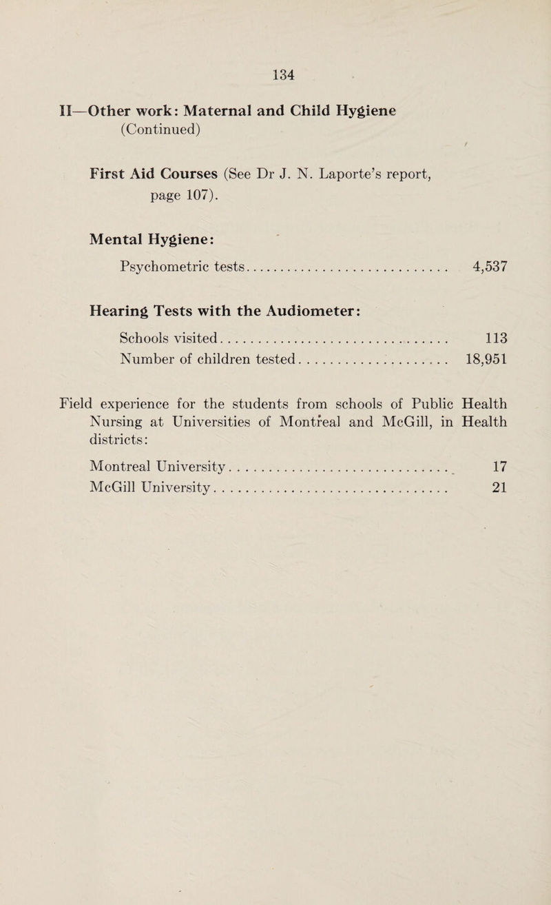 II—Other work: Maternal and Child Hygiene (Continued) First Aid Courses (See Dr J. N. Laporte’s report, page 107). Mental Hygiene: Psychometric tests. 4,537 Hearing Tests with the Audiometer: Schools visited. 113 Number of children tested. 18,951 Field experience for the students from schools of Public Health Nursing at Universities of Montreal and McGill, in Health districts: Montreal University. 17 McGill University. 21