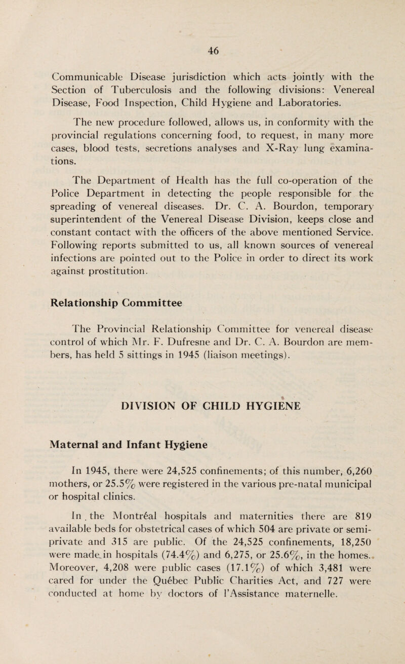Communicable Disease jurisdiction which acts jointly with the Section of Tuberculosis and the following divisions: Venereal Disease, Food Inspection, Child Hygiene and Laboratories. The new procedure followed, allows us, in conformity with the provincial regulations concerning food, to request, in many more cases, blood tests, secretions analyses and X-Ray lung examina¬ tions. The Department of Health has the full co-operation of the Police Department in detecting the people responsible for the spreading of venereal diseases. Dr. C. A. Bourdon, temporary superintendent of the Venereal Disease Division, keeps close and constant contact with the officers of the above mentioned Service. Following reports submitted to us, all known sources of venereal infections are pointed out to the Police in order to direct its work against prostitution. Relationship Committee The Provincial Relationship Committee for venereal disease control of which Mr. F. Dufresne and Dr. C. A. Bourdon are mem¬ bers, has held 5 sittings in 1945 (liaison meetings). DIVISION OF CHILD HYGIENE Maternal and Infant Hygiene In 1945, there were 24,525 confinements; of this number, 6,260 mothers, or 25.5% were registered in the various pre-natal municipal or hospital clinics. In . the Montreal hospitals and maternities there are 819 available beds for obstetrical cases of which 504 are private or semi¬ private and 315 are public. Of the 24,525 confinements, 18,250 were madejn hospitals (74.4%) and 6,275, or 25.6%, in the homes. Moreover, 4,208 were public cases (17.1%) of which 3,481 were cared for under the Quebec Public Charities Act, and 727 were conducted at home by doctors of 1’Assistance maternelle.