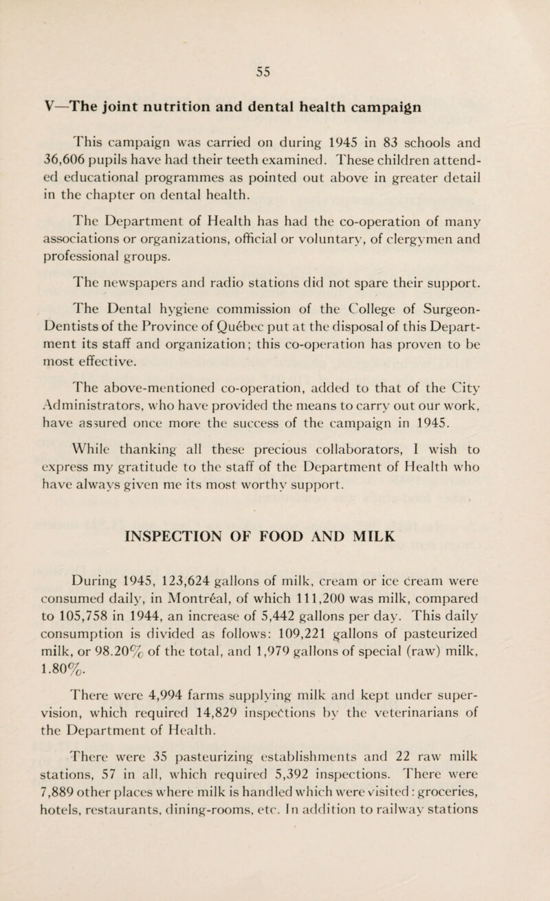 V—The joint nutrition and dental health campaign This campaign was carried on during 1945 in 83 schools and 36,606 pupils have had their teeth examined. These children attend¬ ed educational programmes as pointed out above in greater detail in the chapter on dental health. The Department of Health has had the co-operation of many associations or organizations, official or voluntary, of clergymen and professional groups. The newspapers and radio stations did not spare their support. The Dental hygiene commission of the College of Surgeon- Dentists of the Province of Quebec put at the disposal of this Depart¬ ment its staff and organization; this co-operation has proven to be most effective. The above-mentioned co-operation, added to that of the City Administrators, who have provided the means to carry out our work, have assured once more the success of the campaign in 1945. While thanking all these precious collaborators, I wish to express my gratitude to the staff of the Department of Health who have always given me its most worthy support. INSPECTION OF FOOD AND MILK During 1945, 123,624 gallons of milk, cream or ice cream were consumed daily, in Montreal, of which 111,200 was milk, compared to 105,758 in 1944, an increase of 5,442 gallons per day. This daily consumption is divided as follows: 109,221 gallons of pasteurized milk, or 98.20% of the total, and 1,979 gallons of special (raw) milk, 1.80%. There were 4,994 farms supplying milk and kept under super¬ vision, which required 14,829 inspections by the veterinarians of the Department of Health. There were 35 pasteurizing establishments and 22 raw milk stations, 57 in all, which required 5,392 inspections. There were 7,889 other places where milk is handled which were visited : groceries, hotels, restaurants, dining-rooms, etc. In addition to railway stations