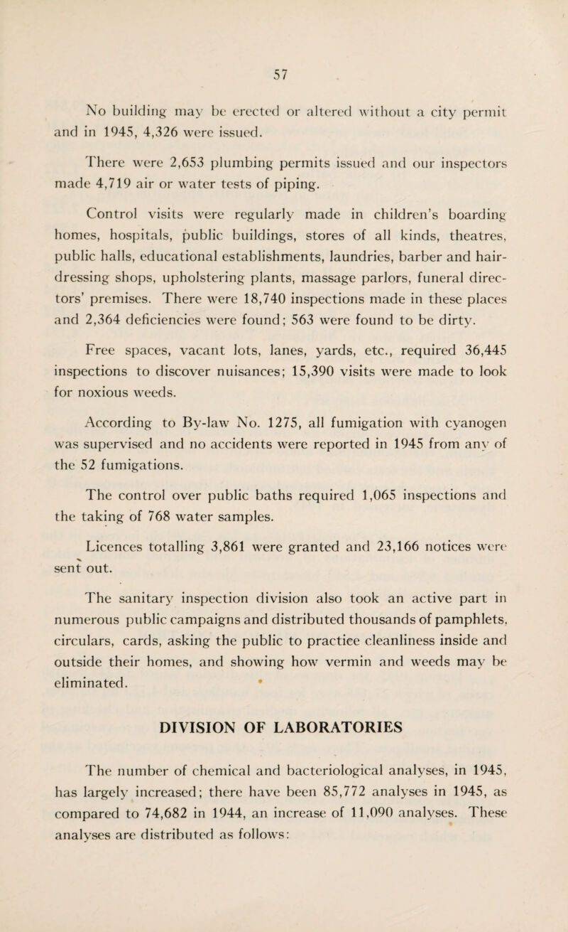 No building may be erected or altered without a city permit and in 1945, 4,326 were issued. There were 2,653 plumbing permits issued and our inspectors made 4,719 air or water tests of piping. Control visits were regularly made in children’s boarding homes, hospitals, public buildings, stores of all kinds, theatres, public halls, educational establishments, laundries, barber and hair¬ dressing shops, upholstering plants, massage parlors, funeral direc¬ tors’ premises. There were 18,740 inspections made in these places and 2,364 deficiencies were found; 563 were found to be dirty. Free spaces, vacant lots, lanes, yards, etc., required 36,445 inspections to discover nuisances; 15,390 visits were made to look for noxious weeds. According to By-law No. 1275, all fumigation with cyanogen was supervised and no accidents were reported in 1945 from any of the 52 fumigations. The control over public baths required 1,065 inspections and the taking of 768 water samples. Licences totalling 3,861 were granted and 23,166 notices were sent out. The sanitary inspection division also took an active part in numerous public campaigns and distributed thousands of pamphlets, circulars, cards, asking the public to practice cleanliness inside and outside their homes, and showing how vermin and weeds may be eliminated. DIVISION OF LABORATORIES The number of chemical and bacteriological analyses, in 1945, has largely increased; there have been 85,772 analyses in 1945, as compared to 74,682 in 1944, an increase of 11,090 analyses. These analyses are distributed as follows: