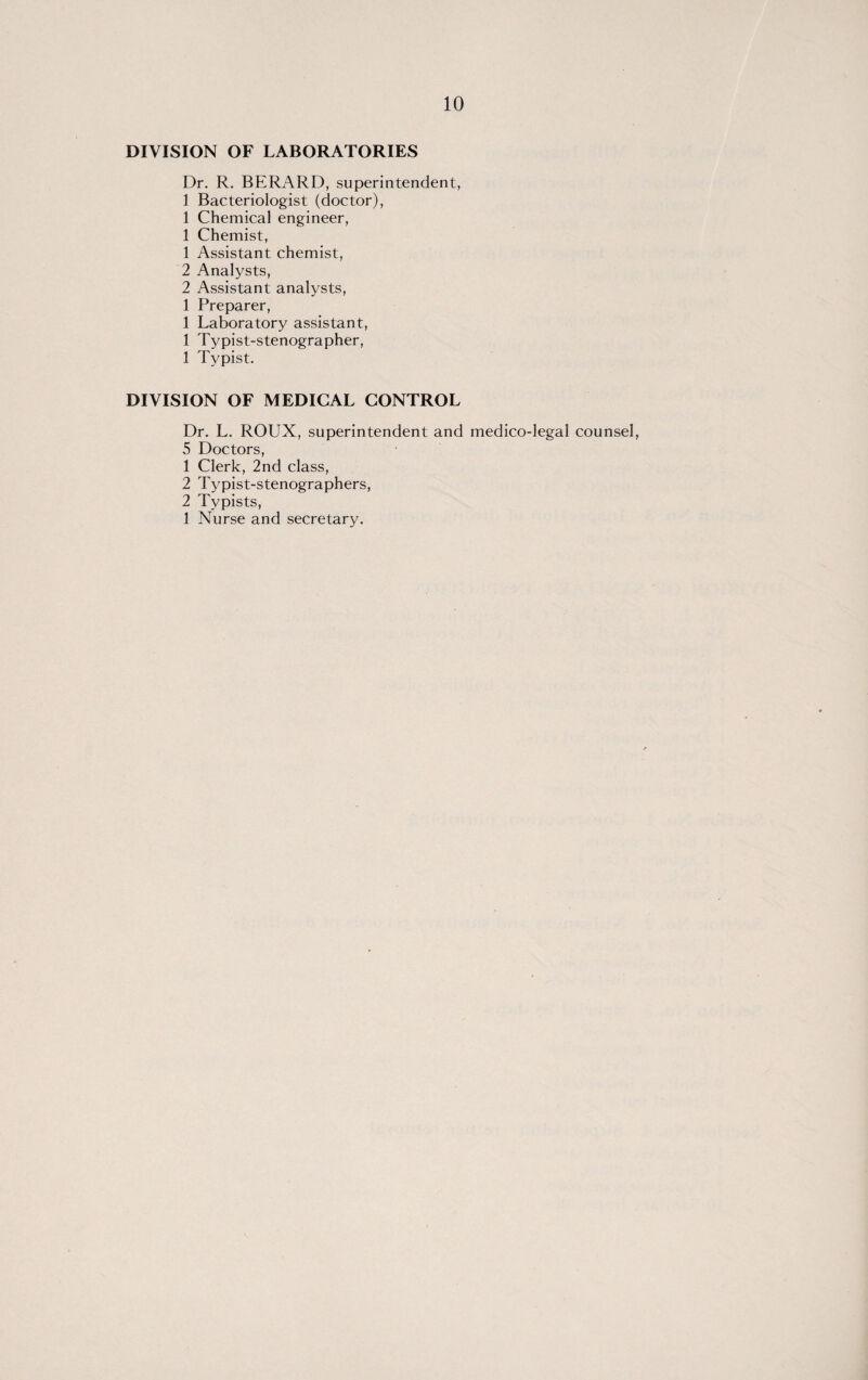 DIVISION OF LABORATORIES Dr. R. BERARD, superintendent, 1 Bacteriologist (doctor), 1 Chemical engineer, 1 Chemist, 1 Assistant chemist, 2 Analysts, 2 Assistant analysts, 1 Preparer, 1 Laboratory assistant, 1 Typist-stenographer, 1 Typist. DIVISION OF MEDICAL CONTROL Dr. L. ROUX, superintendent and medico-legal counsel, 5 Doctors, 1 Clerk, 2nd class, 2 Typist-stenographers, 2 Typists, 1 Nurse and secretary.