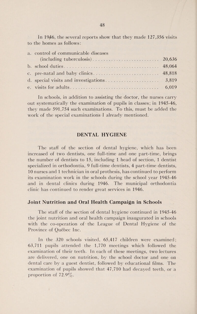 In 19|46, the several reports show that they made 127,356 visits to the homes as follows: a. control of communicable diseases (including tuberculosis). 20,636 b. school duties. 48,064 c. pre-natal and baby clinics. 48,818 d. special visits and investigations. 3,819 e. visits for adults. 6,019 In schools, in addition to assisting the doctor, the nurses carry out systematically the examination of pupils in classes; in 1945-46, they made 591,754 such examinations. To this, must be added the work of the special examinations I already mentioned. DENTAL HYGIENE The staff of the section of dental hygiene, which has been increased of two dentists, one full-time and one part-time, brings the number of dentists to 15, including 1. head of section, 1 dentist specialized in orthodontia, 9 full-time dentists, 4 part-time dentists, 10 nurses and 1 technician in oral prothesis, has continued to perform its examination work in the schools during the school year 1945-46 and in dental clinics during 1946. The municipal orthodontia clinic has continued to render great services in 1946. Joint Nutrition and Oral Health Campaign in Schools The staff of the section of dental hygiene continued in 1945-46 the joint nutrition and oral health campaign inaugurated in schools with the co-operation of the League of Dental Hygiene of the Province of Quebec Inc. In the 320 schools visited, 65,417 children were examined; 63,711 pupils attended the 1,770 meetings which followed the examination of their teeth. In each of these meetings, two lectures are delivered, one on nutrition, by the school doctor and one on dental care by a guest dentist, followed by educational films. The examination of pupils showed that 47,710 had decayed teeth, or a proportion of 72.9%.