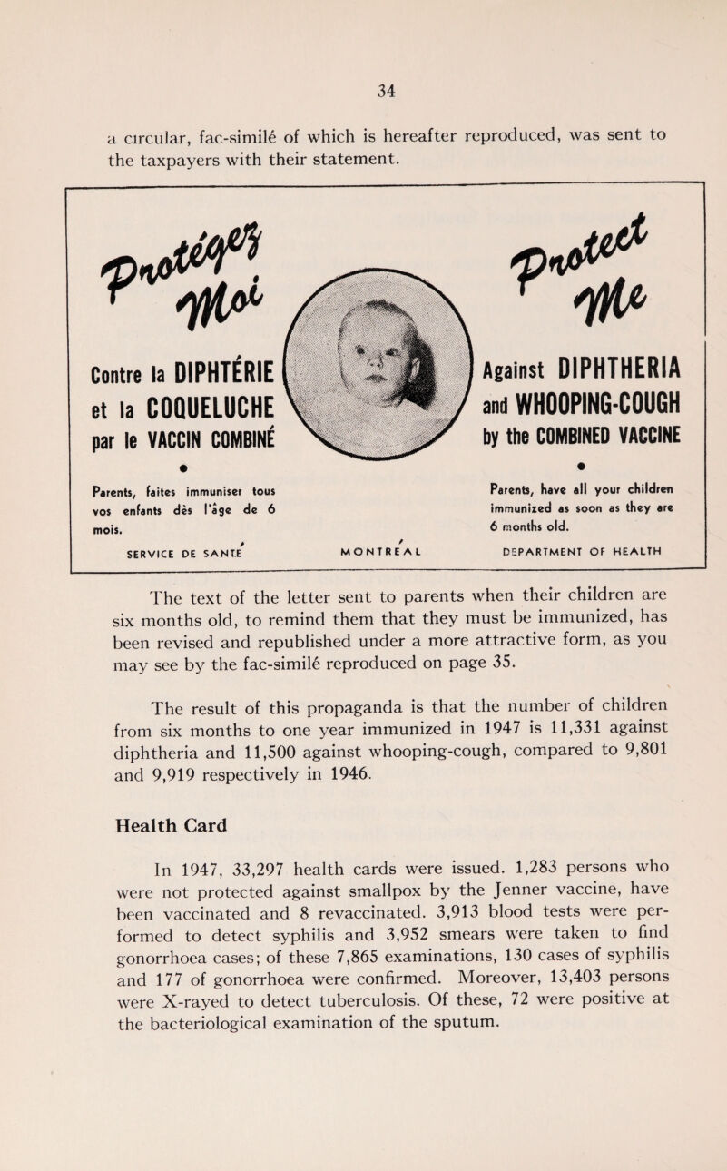a circular, fac-simile of which is hereafter reproduced, was sent to the taxpayers with their statement. Contre la DIPHTERIE et la COQUELUCHE par le VACCIN COMBINE Parents/ faites immuniser tous vos enfants des Page de 6 mois. / SERVICE DE SANT.E MONTREAL ***** T Against DIPHTHERIA and WHOOPING-COUGH by the COMBINED VACCINE • Parents, have all your children immunized as soon as they are 6 months old. DEPARTMENT OF HEALTH The text of the letter sent to parents when their children are six months old, to remind them that they must be immunized, has been revised and republished under a more attractive form, as you may see by the fac-simile reproduced on page 35. The result of this propaganda is that the number of children from six months to one year immunized in 1947 is 11,331 against diphtheria and 11,500 against whooping-cough, compared to 9,801 and 9,919 respectively in 1946. Health Card In 1947, 33,297 health cards were issued. 1,283 persons who were not protected against smallpox by the Jenner vaccine, have been vaccinated and 8 revaccinated. 3,913 blood tests were per¬ formed to detect syphilis and 3,952 smears were taken to find gonorrhoea cases; of these 7,865 examinations, 130 cases of syphilis and 177 of gonorrhoea were confirmed. Moreover, 13,403 persons were X-rayed to detect tuberculosis. Of these, 72 were positive at the bacteriological examination of the sputum.