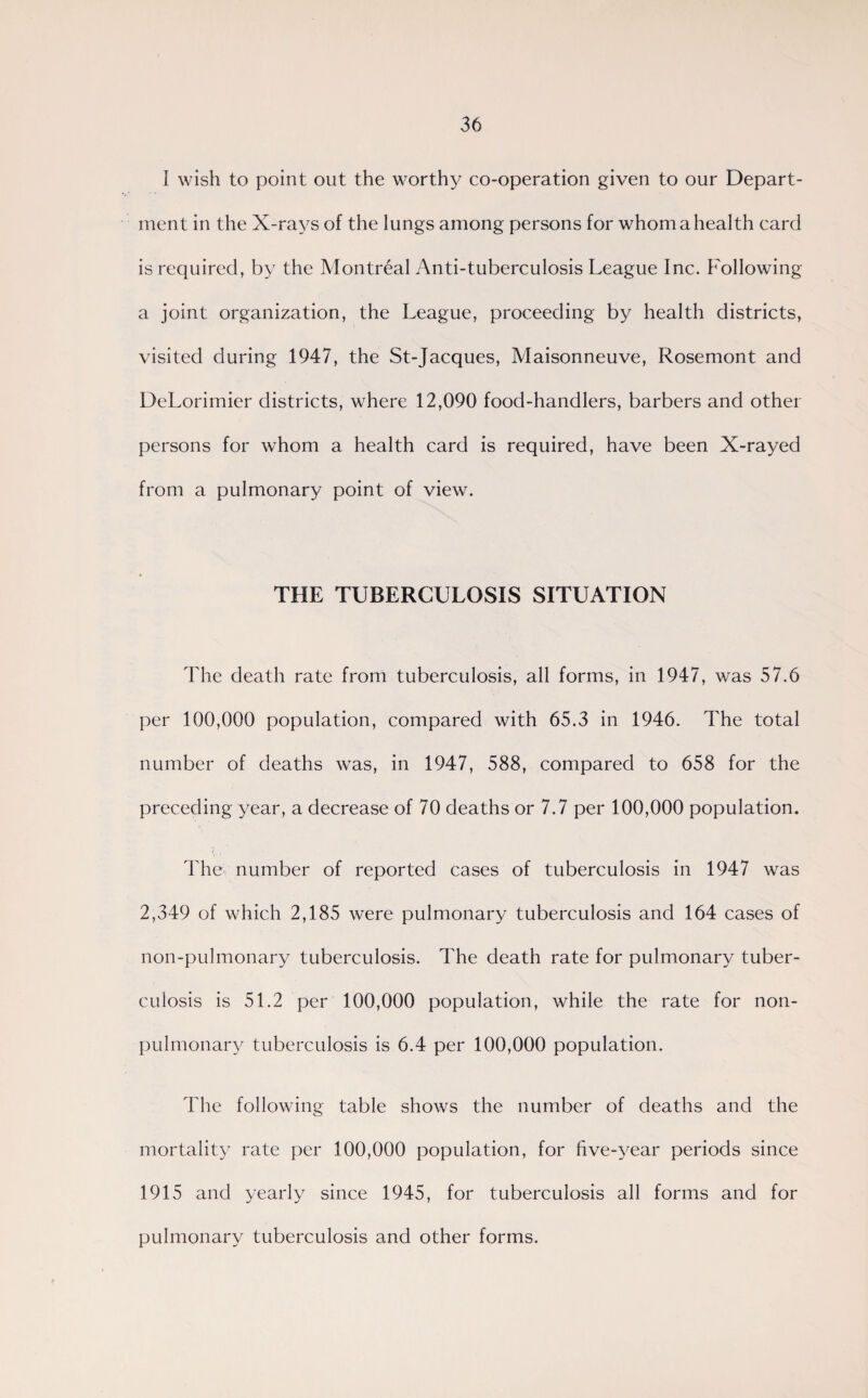 I wish to point out the worthy co-operation given to our Depart¬ ment in the X-rays of the lungs among persons for whom a health card is required, by the Montreal Anti-tuberculosis League Inc. Following a joint organization, the League, proceeding by health districts, visited during 1947, the St-Jacques, Maisonneuve, Rosemont and DeLorimier districts, where 12,090 food-handlers, barbers and other persons for whom a health card is required, have been X-rayed from a pulmonary point of view. THE TUBERCULOSIS SITUATION The death rate from tuberculosis, all forms, in 1947, was 57.6 per 100,000 population, compared with 65.3 in 1946. The total number of deaths was, in 1947, 588, compared to 658 for the preceding year, a decrease of 70 deaths or 7.7 per 100,000 population. The number of reported cases of tuberculosis in 1947 was 2,349 of which 2,185 were pulmonary tuberculosis and 164 cases of non-pulmonary tuberculosis. The death rate for pulmonary tuber¬ culosis is 51.2 per 100,000 population, while the rate for non- pulmonary tuberculosis is 6.4 per 100,000 population. The following table shows the number of deaths and the mortality rate per 100,000 population, for five-year periods since 1915 and yearly since 1945, for tuberculosis all forms and for pulmonary tuberculosis and other forms.