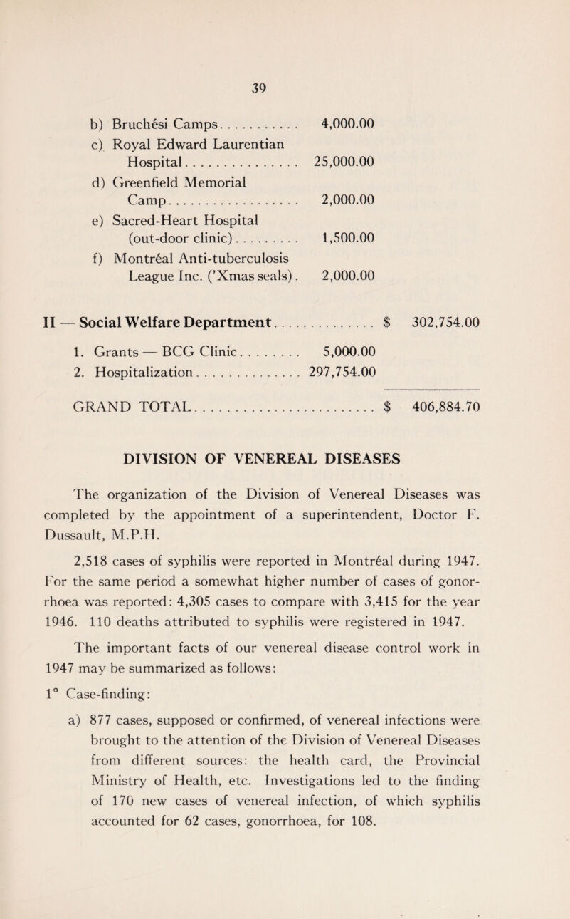 b) Bruch6si Camps. 4,000.00 c) Royal Edward Laurentian Hospital. 25,000.00 d) Greenfield Memorial Camp. 2,000.00 e) Sacred-Heart Hospital (out-door clinic). 1,500.00 f) Montreal Anti-tuberculosis League Inc. (’Xmas seals). 2,000.00 II — Social Welfare Department. $ 302,754.00 1. Grants — BCG Clinic. 5,000.00 2. Hospitalization. 297,754.00 GRAND TOT AI. $ 406,884.70 DIVISION OF VENEREAL DISEASES The organization of the Division of Venereal Diseases was completed by the appointment of a superintendent, Doctor F. Dussault, M.P.H. 2,518 cases of syphilis were reported in Montreal during 1947. For the same period a somewhat higher number of cases of gonor¬ rhoea was reported: 4,305 cases to compare with 3,415 for the year 1946. 110 deaths attributed to syphilis were registered in 1947. The important facts of our venereal disease control work in 1947 may be summarized as follows: 1° Case-finding: a) 877 cases, supposed or confirmed, of venereal infections were brought to the attention of the Division of Venereal Diseases from different sources: the health card, the Provincial Ministry of Health, etc. Investigations led to the finding of 170 new cases of venereal infection, of which syphilis accounted for 62 cases, gonorrhoea, for 108.