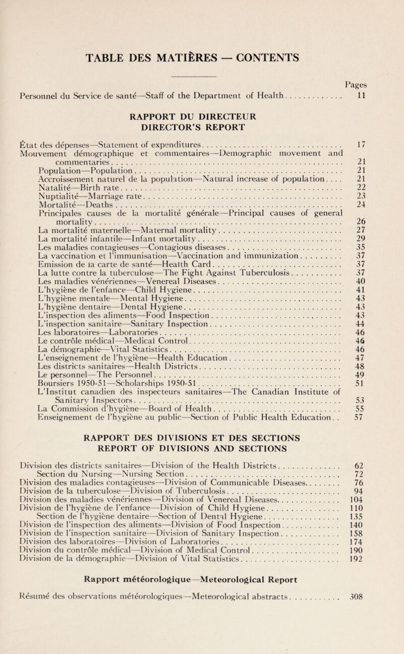 TABLE DES MATURES — CONTENTS Pages Personnel du Service de sante— Staff of the Department of Health. 11 RAPPORT DU DIREGTEUR DIRECTOR'S REPORT Etat des depenses—Statement of expenditures.. 17 Mouvement demographique et commentaires—Demographic movement and commentaries. 21 Population—Population. 21 Accroissement naturel de la population—Natural increase of population. ... 21 Natalite—Birthrate. 22 Nuptialite—Marriage rate. 23 Mortalite—Deaths. 24 Principals causes de la mortalite generate—Principal causes of general mortality. 26 La mortalite maternelle—Maternal mortality. 27 La mortalite infantile—Infant mortality. 29 Les maladies contagieuses—Contagious diseases. 35 La vaccination et l’immunisation—Vaccination and immunization. 37 Emission de la carte de sante—Health Card. 37 La lutte contre la tuberculose—The Fight Against Tuberculosis. 37 Les maladies veneriennes—Venereal Diseases. 40 L’hygiene de l’enfance—Child Hygiene. 41 L’hygifene mentale—Mental Hygiene. 43 L’hygi^ne dentaire—Dental Hygiene. 43 L’inspection des aliments—Food Inspection. 43 L’inspection sanitaire—Sanitary Inspection. 44 Les laboratoires—Laboratories. 46 Le controle medical—Medical Control. 46 La demographie—Vital Statistics. .. 46 L’enseignement de l’hygifene—Health Education. 47 Les districts sanitaires—Health Districts. 48 Le personnel—The Personnel. 49 Boursiers 1950-51—Scholarships 1950-51 . 51 L’Institut canadien des inspecteurs sanitaires—The Canadian Institute of Sanitary Inspectors. 53 La Commission d’hygi£ne—Board of Health. 55 Enseignement de l’hygi£ne au public—Section of Public Health Education. . 57 RAPPORT DES DIVISIONS ET DES SECTIONS REPORT OF DIVISIONS AND SECTIONS Division des districts sanitaires—Division of the Health Districts. 62 Section du Nursing—Nursing Section. 72 Division des maladies contagieuses—Division of Communicable Diseases. 76 Division de la tuberculose—Division of Tuberculosis. 94 Division des maladies veneriennes—Division of Venereal Diseases. 104 Division de 1’hygibne de l’enfance—Division of Child Hygiene. 110 Section de l’hygibne dentaire—-Section of Dental Hygiene. 135 Division de l’inspection des aliments—Division of Food Inspection. 140 Division de l’inspection sanitaire—Division of Sanitary Inspection. 158 Division des laboratoires—-Division of Laboratories. 174 Division du controle medical—Division of Medical Control. 190 Division de la demographie—Division of Vital Statistics. 192 Rapport m6t6orologique—Meteorological Report Resume des observations meteorologiques—Meteorological abstracts 308