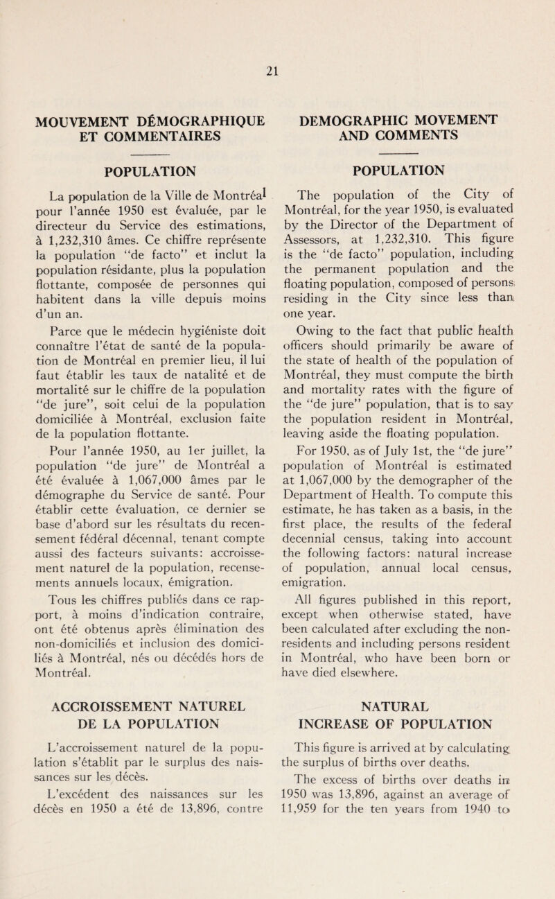 MOUVEMENT DliMOGRAPHIQUE ET COMMENT AIRES POPULATION La population de la Ville de Montreal pour 1’annEe 1950 est EvaluEe, par le directeur du Service des estimations, k 1,232,310 ames. Ce chiffre represente la population “de facto” et inclut la population residante, plus la population flottante, composee de personnes qui habitent dans la ville depuis moins d’un an. Parce que le medecin hygieniste doit connaitre l’etat de sante de la popula¬ tion de Montreal en premier lieu, il lui faut Etablir les taux de natalite et de mortalite sur le chiffre de la population “de jure”, soit celui de la population domiciliee a Montreal, exclusion faite de la population flottante. Pour l’annee 1950, au ler juillet, la population “de jure” de Montreal a EtE EvaluEe a 1,067,000 ames par le demographe du Service de sante. Pour Etablir cette Evaluation, ce dernier se base d’abord sur les resultats du recen- sement fEdEral decennal, tenant compte aussi des facteurs suivants: accroisse- ment naturel de la population, recense- ments annuels locaux, emigration. Tous les chiffres publies dans ce rap¬ port, a moins d’indication contraire, ont ete obtenus apres elimination des non-domiciliEs et inclusion des domici- liEs a MontrEal, nEs ou dEcEdEs hors de MontrEal. ACCROISSEMENT NATUREL DE LA POPULATION L’accroissement naturel de la popu¬ lation s’Etablit par le surplus des nais- sances sur les dEces. L’excEdent des naissances sur les dEces en 1950 a EtE de 13,896, contre DEMOGRAPHIC MOVEMENT AND COMMENTS POPULATION The population of the City of MontrEal, for the year 1950, is evaluated by the Director of the Department of Assessors, at 1,232,310. This figure is the “de facto” population, including the permanent population and the floating population, composed of persons, residing in the City since less than, one year. Owing to the fact that public health officers should primarily be aware of the state of health of the population of MontrEal, they must compute the birth and mortality rates with the figure of the “de jure” population, that is to say the population resident in MontrEal, leaving aside the floating population. For 1950, as of July 1st, the “de jure” population of MontrEal is estimated at 1,067,000 by the demographer of the Department of Health. To compute this estimate, he has taken as a basis, in the first place, the results of the federal decennial census, taking into account the following factors: natural increase of population, annual local census, emigration. All figures published in this report, except when otherwise stated, have been calculated after excluding the non¬ residents and including persons resident in MontrEal, who have been born or have died elsewhere. NATURAL INCREASE OF POPULATION This figure is arrived at by calculating, the surplus of births over deaths. The excess of births over deaths in 1950 was 13,896, against an average of 11,959 for the ten years from 1940 to
