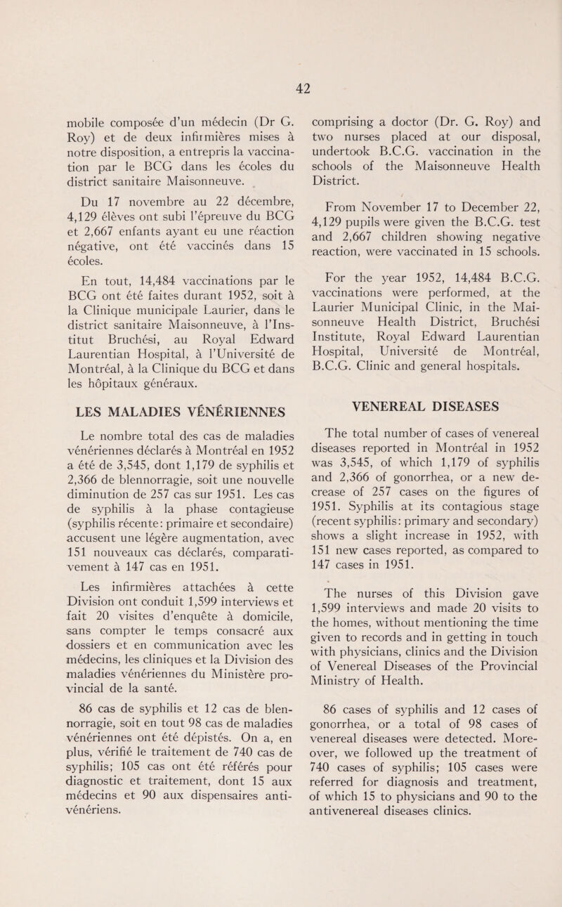 mobile composee (Tun medecin (Dr G. Roy) et de deux infir mieres mises a notre disposition, a entrepris la vaccina¬ tion par le BCG dans les ecoles du district sanitaire Maisonneuve. Du 17 novembre au 22 decembre, 4,129 eleves ont subi l’epreuve du BCG et 2,667 enfants ayant eu une reaction negative, ont ete vaccines dans 15 ecoles. En tout, 14,484 vaccinations par le BCG ont ete faites durant 1952, soit a la Clinique municipale Laurier, dans le district sanitaire Maisonneuve, a l’lns- titut Bruchesi, au Royal Edward Laurentian Hospital, a l’Universite de Montreal, a la Clinique du BCG et dans les hopitaux generaux. LES MALADIES VENERIENNES Le nombre total des cas de maladies veneriennes declares a Montreal en 1952 a ete de 3,545, dont 1,179 de syphilis et 2,366 de blennorragie, soit une nouvelle diminution de 257 cas sur 1951. Les cas de syphilis a la phase contagieuse (syphilis recente: primaire et secondaire) accusent une legere augmentation, avec 151 nouveaux cas declares, comparati- vement a 147 cas en 1951. Les infirmieres attachees a cette Division ont conduit 1,599 interviews et fait 20 visites d’enquete a domicile, sans compter le temps consacre aux dossiers et en communication avec les medecins, les cliniques et la Division des maladies veneriennes du Ministere pro¬ vincial de la sante. 86 cas de syphilis et 12 cas de blen¬ norragie, soit en tout 98 cas de maladies veneriennes ont ete depistes. On a, en plus, verifie le traitement de 740 cas de syphilis; 105 cas ont ete referes pour diagnostic et traitement, dont 15 aux medecins et 90 aux dispensaires anti- veneriens. comprising a doctor (Dr. G. Roy) and two nurses placed at our disposal, undertook B.C.G. vaccination in the schools of the Maisonneuve Health District. Lrom November 17 to December 22, 4,129 pupils were given the B.C.G. test and 2,667 children showing negative reaction, were vaccinated in 15 schools. Lor the year 1952, 14,484 B.C.G. vaccinations were performed, at the Laurier Municipal Clinic, in the Mai¬ sonneuve Health District, Bruchesi Institute, Royal Edward Laurentian Hospital, Universite de Montreal, B.C.G. Clinic and general hospitals. VENEREAL DISEASES The total number of cases of venereal diseases reported in Montreal in 1952 was 3,545, of which 1,179 of syphilis and 2,366 of gonorrhea, or a new de¬ crease of 257 cases on the figures of 1951. Syphilis at its contagious stage (recent syphilis: primary and secondary) shows a slight increase in 1952, with 151 new cases reported, as compared to 147 cases in 1951. * The nurses of this Division gave 1,599 interviews and made 20 visits to the homes, without mentioning the time given to records and in getting in touch with physicians, clinics and the Division of Venereal Diseases of the Provincial Ministry of Health. 86 cases of syphilis and 12 cases of gonorrhea, or a total of 98 cases of venereal diseases were detected. More¬ over, we followed up the treatment of 740 cases of syphilis; 105 cases were referred for diagnosis and treatment, of which 15 to physicians and 90 to the antivenereal diseases clinics.