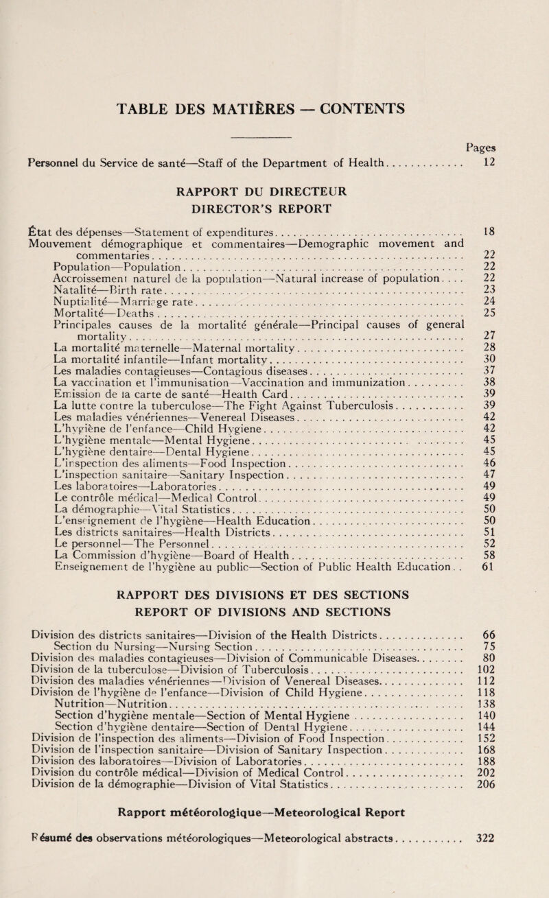 TABLE DES MATURES — CONTENTS Pages Personnel du Service de sante—Staff of the Department of Health. 12 RAPPORT DU DIRECTEIJR DIRECTOR’S REPORT fitat des depenses—Statement of expenditures. 18 Mouvement demographique et commentaires—Demographic movement and commentaries. 22 Population—Population. 22 Accroissement naturel de la population—Natural increase of population. ... 22 Natalite—Birth rate. 23 Nuptialite—Marrirge rate. 24 Mortalite—Deaths. 25 Principales causes de la mortalite generale—Principal causes of general mortality. 27 La mortalite maternelle—Maternal mortality. 28 La mortalite infantile—Infant mortality. 30 Les maladies contagieuses—Contagious diseases. .. 37 La vaccination et l’immunisation—Vaccination and immunization. 38 Emission de la carte de sante—Health Card. 39 La lutte contre la tuberculose—The Fight Against Tuberculosis. 39 Les maladies veneriennes—Venereal Diseases. 42 L’hygi£ne de l’enfance—Child Hygiene. 42 L'hvgi&ne mentale—Mental Hygiene. 45 L’hygi^ne dentaire—Dental Hygiene. 45 L’irspection des aliments—Food Inspection. 46 L’inspection sanitaire—Sanitary Inspection. 47 Les laboratoires—Laboratories. 49 Le controle medical—Medical Control. 49 La demographie—Vital Statistics. 50 L’enseignement de 1’hygi^ne—Health Education. 50 Les districts sanitaires—Health Districts. 51 Le personnel—The Personnel. 52 La Commission d’hygfene—Board of Health. 58 Enseignement de l’hygikne au public—Section of Public Health Education. . 61 RAPPORT DES DIVISIONS ET DES SECTIONS REPORT OF DIVISIONS AND SECTIONS Division des districts sanitaires—Division of the Health Districts. 66 Section du Nursing—Nursing Section. 75 Division des maladies contagieuses—Division of Communicable Diseases. 80 Division de la tuberculose—Division of Tuberculosis. 102 Division des maladies veneriennes—Division of Venereal Diseases. 112 Division de l’hygi£ne de l’enfance—Division of Child Hygiene. 118 Nutrition—Nutrition. 138 Section d’hygiene mentale—Section of Mental Hygiene. 140 Section d’hygikne dentaire—Section of Dental Hygiene. 144 Division de 1’inspection des aliments—Division of Food Inspection. 152 Division de l’inspection sanitaire—Division of Sanitary Inspection. 168 Division des laboratoires—Division of Laboratories. 188 Division du controle medical—Division of Medical Control.. 202 Division de la demographie—Division of Vital Statistics. 206 Rapport m6t£orologique—Meteorological Report Resume des observations meteorologiques—Meteorological abstracts 322