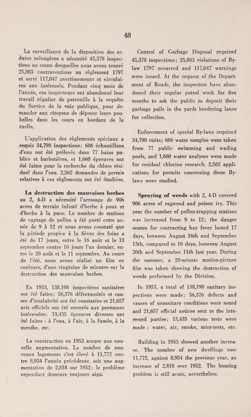 La surveillance de la disposition des or¬ dures menageres a necessite 45,378 inspec¬ tions au cours desquelles nous avons trouve 25,883 contraventions au reglement 1797 et servi 117,047 avertissements et circulai- res aux interesses. Pendant cinq mois de l’annee, ces inspecteurs ont abandonne leur travail regulier de patrouille a la requete du Service de la voie publique, pour de- mander aux citoyens de deposer leurs pou- belles dans les cours en bordure de la ruelle. L’application des reglements speciaux a requis 34,798 inspections; 686 echantillons d’eau ont ete preleves dans 77 bains pu¬ blics et barbotieres, et 1,660 epreuves ont ete faites pour la recherche du chlore resi- duel dans l’eau. 2,562 demandes de permis relatives a ces reglements ont ete etudiees. La destruction des mauvaises herbes au 2, 4-D a necessite 1’arrosage de 906 acres de terrain infeste d’herbe a poux et d’herbe a la puce. Le nombre de stations de captage de pollen a ete porte cette an- nee de 9 a 12 et nous avons constate que la periode propice a la fievre des foins a ete de 17 jours, entre le 16 aout et le 13 septembre contre 16 jours l’an dernier, en¬ tre le 20 aout et le 11 septembre. Au cours de Fete, nous avons realise un film en couleurs, d’une vingtaine de minutes sur la destruction des mauvaises herbes. En 1953, 138,198 inspections sanitaires ont ete faites; 56,376 defectuosites et cau¬ ses d’insalubrite ont ete constatees et 21,657 avis officiels ont ete envoyes aux personnes interessees; 13,435 epreuves diverses ont ete faites : a Feau, a Fair, a la fumee, a la menthe, etc. La construction en 1953 accuse une nou- velle augmentation. Le nombre de nou- veaux logements s’est eleve a 11,772 con¬ tre 8,954 l’annee precedente, soit une aug¬ mentation de 2,818 sur 1952; le probleme cependant demeure toujours aigu. Control of Garbage Disposal required 45,378 inspections; 25,883 violations of By¬ law 1797 occurred and 117,047 warnings were issued. At the request of the Depart¬ ment of Roads, the inspectors have aban¬ doned their regular patrol work for five months to ask the public to deposit their garbage pails in the yards bordering lanes for collection. Enforcement of special By-laws required 34,798 visits; 686 water samples were taken from 77 public swimming and wading pools, and 1,660 water analyses were made for residual chlorine research. 2,562 appli¬ cations for permits concerning these By¬ laws were studied. Spraying of weeds with 2, 4-D covered 906 acres of ragweed and poison ivy. This year the number of pollen-trapping stations was increased from 9 to 12; the danger season for contracting hay fever lasted 17 days, between August 16th and September 13th, compared to 16 days, between August 20th and September 11th last year. During the summer, a 20-minute motion-picture film was taken showing the destruction of weeds performed by the Division. In 1953, a total of 138,198 sanitary ins¬ pections were made; 56,376 defects and causes of unsanitary conditions were noted and 21,657 official notices sent to the inte¬ rested parties; 13,435 various tests were made : water, air, smoke, mint-tests, etc. Building in 1953 showed another increa¬ se. The number of new dwellings rose 11,772, against 8,954 the previous year, an increase of 2,818 over 1952. The housing problem is still acute, nevertheless.