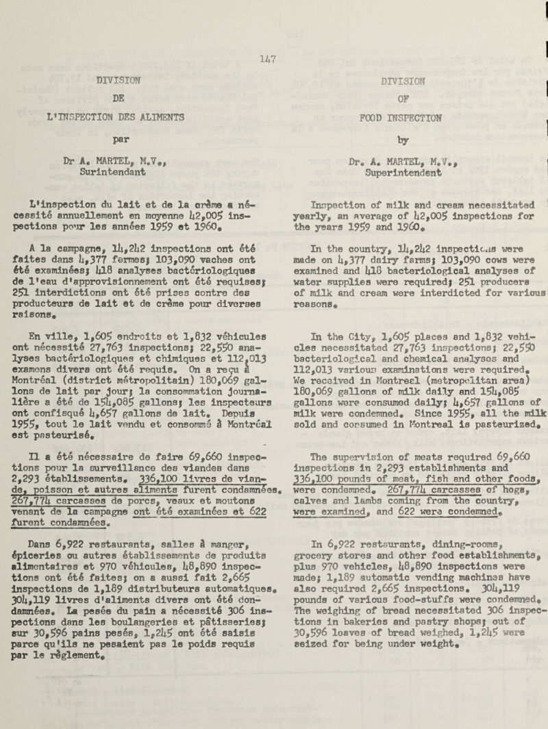 DIVISION BE L»INSPECTION DES ALIMENTS 147 DIVISION OF par Dr A. MARTEL, M.V., Surintendant L*inspection du lait et de la er&me a n6- cessite annuellement en mcyenne 42,005 ins¬ pections pour les annees 1959 ®t I960* A la campagne, 14,242 inspections ont et6 faites dans 4,377 fermes) 103,090 vaches ont Ate examineesj 4l8 analyses bacteriologiques de l*eau d*approvisionnement ont Ate requisesj 25l interdictions ont Ate prises centre deo productours de lait et de creme pour divaroes raisons. En ville, 1,605 endroits et 1,832 vAhicules ont necessity 27,763 inspections! 22,550 ana¬ lyses baetAriologiques et chimiques et 112.013 examons divers ont At A requis. On a req\x a Montreal (district matropolitain) 180,069 gal¬ lons de lait par jour! la consommation journa¬ lise a At A do 154,085 gallonsj les Inspecteurs ont confisquA 4,657 gallons de lait. Depuis 1955* tout le lait vendu et consomme 5 Montreal est pasteurisA. II a Ate necessaire de faire 69,660 inspec¬ tions pour la surveillance des viandes dans 2,293 etablissements. 336,100 IIvtos de vian- de, poisson et autres aliments furent condamnees. 267,774 carcasses de pores, veaux et moutons venant de la campagne ont Ate examinAes et 622 furent condamnAes. Dans 6,922 restaurants, salles £ manger, Apiceries ou autres Atablissements de produits alimentaires et 970 vAhicules, 48,890 inspec¬ tions ont AtA faites! on a aussi fait 2,665 inspections de 1,189 distributeurs automatiques. 304,119 livres d'aliments divers ont Ate don- damnAes. La pesAe du pain a nAcessitA 306 ins¬ pections dans les boulangeries et patisseries! sur 30,596 pains pesAs, 1,245 ont ete saisic parce qu'ils ne pesaient pas le poids requis par le r^glement# FOOD INSPECTION Dr. A. MARTEL, M.V., Superintendent Inspection of milk and cream necessitated 1 yearly, an average of 42,005 inspections for the years 1959 and I960. In the country, 14,242 inspections were made on 4,377 dairy farms! 103,090 cows were examined and 418 bacteriological analyses of water supplies were required! 251 producers of milk and cream were interdicted for various reasons. In the City, 1,605 places and 1,832 vehi¬ cles necessitated 27,763 inspections! 22,553 bacteriological and chemical analyses and 112,013 various examinations were required. We received in Montreal (metropolitan area) 180,069 gallons of milk daily and 154,085 gallons were consumed daily! 4,657 gallons of milk were condemned. Since 1955, all the milk sold and consumed in Montreal is pasteurized* The supervision of meats required 69,660 inspections in 2,293 establishments and 336,100 pounds of meat, fish and other foods, were condemned. 267,774 carcasses of hogs, calves and lambs coming from the country, were examined, and 622 were condemned. In 6,922 restaurants, dining-rooms, grocery stores and other food establishments, plus 970 vehicles, 48,890 inspections were made; 1,189 automatic vending machines have also required 2,665 inspections. 304,119 pounds of various food-stuffs were condemned. The weighing of bread necessitated 306 inspec¬ tions in bakeries and pastry shops! out of 30,596 loaves of bread weighed, 1,245 were seized for being under weight.
