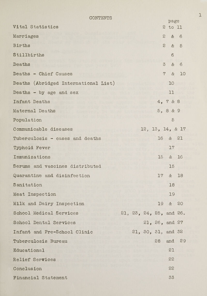 CONTENTS page Vital Statistics 2 to 11 Marriages 2 & 6 Births 2 & 5 Stillbirths 6 Deaths 3 & 6 Deaths - Chief Causes 7 & 10 Deaths (Abridged International List) 10 Deaths - by age and sex 11 Infant Deaths 4, 7 & 8 Maternal Deaths 5, 8 & 9 Population 5 Communicable diseases 18, 13, 14, & 17 Tuberculosis - cases and deaths 16 & 21 Typhoid Fever 17 Immunizations 15 Sc 16 Serums and vaccines distributed 15 Quarantine and disinfection 17 & 18 S anitation 18 Meat Inspection 19 Milk and Dairy Inspection 19 & 20 School Medical Services 21, 25, 24, 25, and 26, School Dental Services 21, 26, and 27 Infant and Pre-School Clinic 21, 30, 31, and 32 Tuberculosis Bureau 28 and 29 Educational 21 Relief Services 22 Conclusion 22 Financial Statement 33