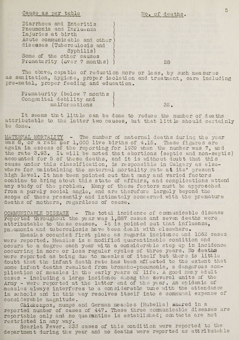 Diarrhoea and Enteritis ) Pneumonia and Influenza ) Injuries at birth ) Acute communicable and other) diseases (Tuberculosis and ) Syphilis) ) Some of the other causes ) Prematurity (over 7 months) ) 28 The above, capable of reduction more as sanitation, hygiene, proper isolation pre-natal, proper feeding and education. or le ss, by such mea sur os and treatment, care including Prematurity (below 7 months ) Congenital debility and ) malformations ) 32. It seems tha t little can be done to reduce the number of deaths attributable to the latter two causes, but that little should certainly be done. MATERNAL MORTALITY - The number of maternal deaths during the year was 8, or a rate per 1,000 live births of 4.15. These figures are again in excess of the reporting for 1939 when the number was 7, and the rate 3.93. It will be noted that abortions (septic and non-septic) accounted for 5 of these deaths, and it is without doubt that this cause under this classification, is responsible in Calgary as else¬ where for maintaining the maternal mortality rate at its* present high level. It has been pointed out that .many and varied factors combine to bring about this state of affairs, and complications attend any study of the problem. Many of these factors must be approached from a purely social angle, end are therefore largely beyond the scope of those presently and intimately concerned with the premature deaths of mothers, regardless of cause. COMMUNICABLE DISEASE - The total incidence of communicable disease reported throughout the ye ar was 1,887 cases and seven deaths were attributable to these causes. It is pointed out that influenza, pneumonia and tuberculosis have been dealt with elsewhere. Measles occupied first place as regards incidence and 1068 cases were reported. Measles is a modified quarantinable condition and occurs to a degree each year with a considerable step up in incidence occurring in more or less regular cycles of three years0 No deaths were reported as being due to measles of itself but there is little doubt that the infant death rate has been aft acted to the extent that some infant deaths resulted from broncho-pneumonia, a dangerous com¬ plication of measles in the early years of life. A good many adult cases - including a large incidence among the several units of the Army - were reported at the latter end of the year. An epidemic of measles always interferes to a considerable tune with the attendance in schools and in this way resolves itself into a communal expense of considerable magnitude. Chickenpox, mumps and German measles (Rubella) shared in a reported number of cases of 447. These three communicable diseases are reportable only and no quarantine is established; contacts are not restricted in any way. Scarlet Fever. 233 cases of this condition were reported to the department during the year and no deaths were reported as attributable