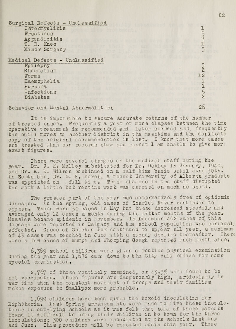 22 Surgical Defeats - Unclassified Osteomyelitis 1 Fractures 5 Appendicitis 7 T. B. Knee 1 Minor Surgery 5 Medical Defects - Unclassified Epilepsy 3 Rheumatism 2 Worms 12 Haemophelia 1 Purpura 1 Infections 5 Diabetes 2 Behavior and Mental Abnormalities 2b It is impossible to secure accurate returns of the number of treated cases. Frequently a year or more elapses between the time operative treatment is recommended and later secured and, frequently the child moves to anothe r d ist r ic t in the meantime and the duplicate- copy of the original recommendation is lost. I know that more cases are treated than our records show and regret I am unable to give more exact figures. ■There were several changes on the medical staff during the year. Dr. J. K. Mulloy substituted for Dr. Oakley in January, 1940, and Dr. A, E. Wilson continued on a half time basis until June 30th. In September, Dr. 0. P. More$, a recent University of Alberta graduate was appointed on - full tiie. The Se changes in the staff disrupted the work a little but routine work was carried on much as usual*.. The greater part of the year was comparatively free of epidemic diseases. In the spring, odd cases of Scarlet Fever continued to appear. There were 30 cases in May but these decreased steadily and averaged only 12 cases a month during the latter months of the year. Measles became epidemic in November. In December 462 cases of this disease were reported in Calgary and the school population was seriously r. n 1 1 • 1 T~s _ _ X_f _____ A_ — __ ^*11 .... ^ a maximum. affected. Cases of Chicken Pox continued to appear all year, of 43 cases was reached in June with a steady decline thereafter. There were a few cases of mumps and Who oping Cough reported each month also# 6,389 school children were given a routine physical examination during the year and 1,672 cam: down to the City Hell office for some sp ecial examinat io n. 2,767 of those routinely examined, or 43*3$ were found to be not vaccinated. These figures are dangerously high, particularly in war time when the constant movement of troops and their families makes exposure to Smallpox more probable. 1,699 children have been given the toxoid inoculation for Diphtheria, last Spring arrangements were made to five those inocula¬ tions in out-lying schools as it was felt thet some of these parei ts found it difficult to bring their children in to town for the three inoculations; 300 children were inoculated art the schools last May and June. This procedure will be repeated again this yewr. Those