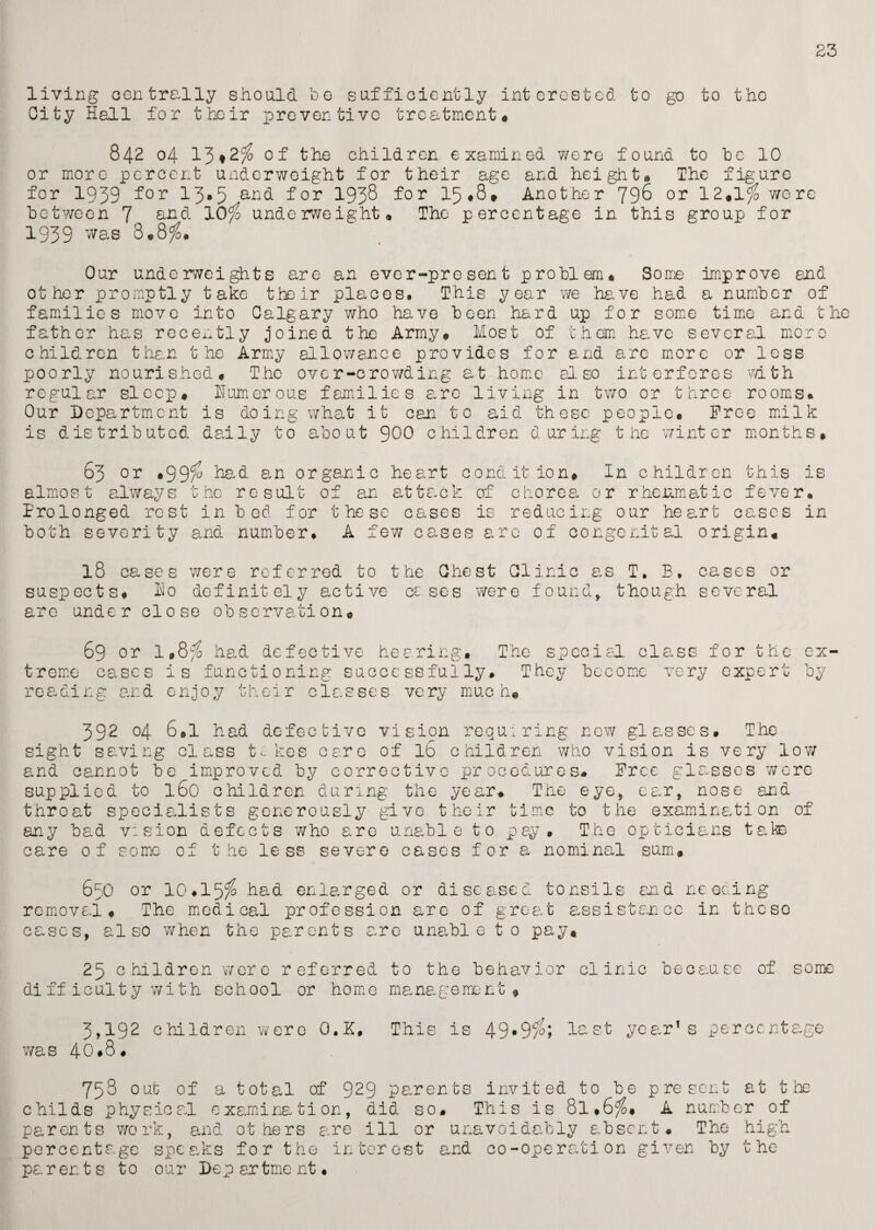 23 living centrally should be sufficiently interested to go to the Oity Hall for their preventive treatment* 842 04 13*2$ of the children examined were found to be 10 or more percent underweight for their age and height* The figure for 1939 f°r 13*5 for 1938 for 15 #8* Another 796 or 12*1 $ were between 7 and 10$ underweight* The percentage in this group for 1939 was 8*8$* Our underweights are an ever-present problem* Some improve and other promptly take their places. This year we have had a number of families move into Oalgary who have been hard up for some time and the father .has recently joined the Army* Most of them have several more children than the Army allowance provides for and arc more or less poorly nourished* The over-crowding a.t home also interferes with regular sleep* Humorous families arc living in two or three rooms* Our Department is doing what it can to aid these people* Free milk is distributed daily to about 900 children during the winter months* 63 or *99$ had an organic heart almost always the result of an attack Prolonged rest in bed for these cases both severity and number* A few case condition* In children this of chorea or rheumatic fever is reducing our heart cases s are of congenital origin* in l8 cases were referred to the Ghest 01 inic as T, B, cases or suspects* Ho definitely active cases were found, though several are under close observation* 69 or 1*8$ had defective hearing, treme cases is functioning successfully, reading and enjoy their classes very muc The special class for the They become very expert 392 04 6*1 had defective vision requiring new glasses. The sight saving class ti kes care of lb children who vision is very low and cannot be improved by corrective procedures* Free glasses were supplied to 160 children during the year* The eye, ear, nose and throat specialists generously give their time to the examination of any bad vision defects who are unable to pay. The opticians talc care of some of the less severe cases for a nominal sum* 650 or 10,15$ had enlarged or diseased tonsils removal* The medical profession arc of great assist cases, also when the parents are unable to pay* and needing anco in those 25 children were referred to the behavior clinic because of some di ff iculty with school or '.home management* 3,192 children were O.K* was 40#8, This 49.9$; 1 st ye a rT s perocntage 758 out of a total of 929 parents invited to be childs physical examination, aid so. This is 8l,6$* parents work, and ot hers are ill or unavoidably absen percentage speaks for the interest and co-operation g present at t .be A number of t ♦ The high iven by the parents to our Department*