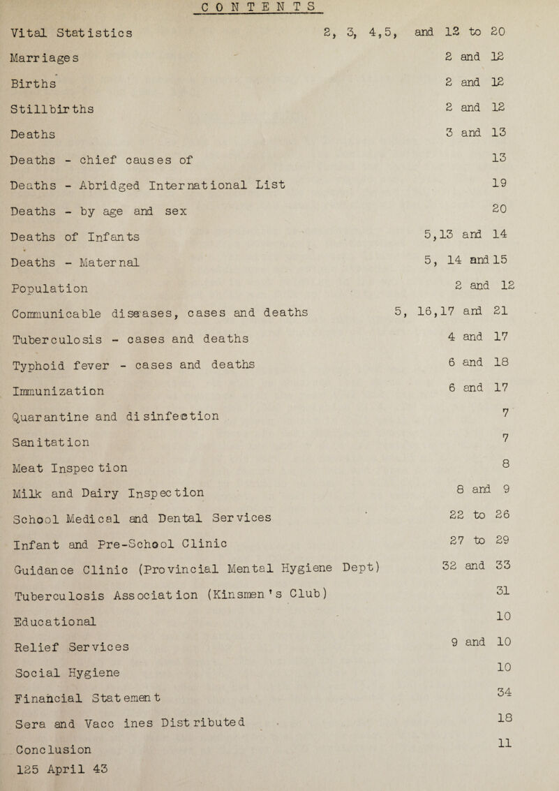 Vital Statistics CONTENTS 2, 3, 4,5, and 12 to 20 2 and 12 Marriages Births Stillbirths Deaths Deaths - chief causes of Deaths - Abridged International List Deaths - by age and sex Deaths of Infants Deaths - Maternal Population Communicable diseases, cases and deaths Tuberculosis - cases and deaths Typhoid fever - cases and deaths Immunization Quarantine and disinfection Sanitation Meat Inspec tion Milk and Dairy Inspection School Medical and Dental Services Infant and Pre-School Clinic Guidance Clinic (Provincial Mental Hygiene Dept) Tuberculosis Association (Kinsmen’s Club) Educational Relief Services Social Hygiene Financial Stat emen t Sera and Vacc ines Distributed Conclusion 125 April 43 2 and 12 2 and 12 3 and 13 13 19 20 5,13 and 14 5, 14 and 15 2 and 12 5, 16,17 and 21 4 and 17 6 and 18 6 and 17 7 7 8 8 and 9 22 to 26 27 to 29 32 and 33 31 10 9 and 10 10 34 18 11