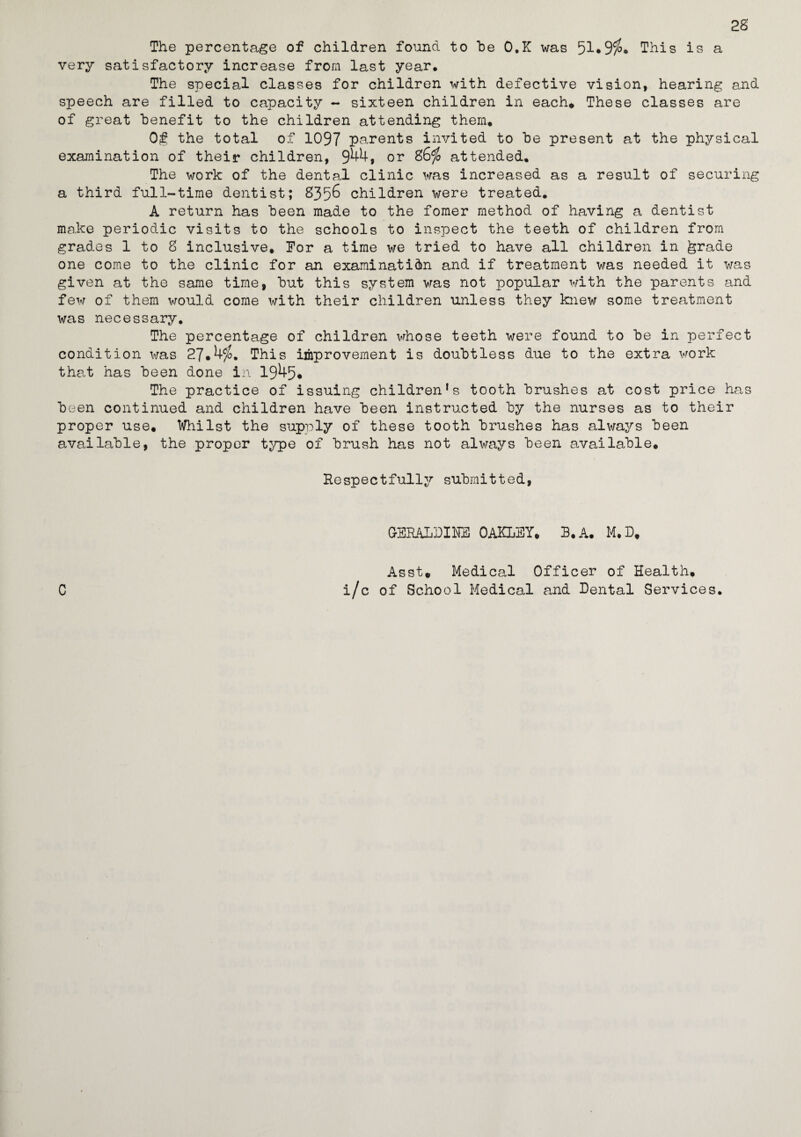 28 The percentage of children found to he 0,K was 51*9$• This is a very satisfactory increase from last year. The special classes for children with defective vision, hearing and speech are filled to capacity - sixteen children in each* These classes are of great benefit to the children attending them* Of the total of 1097 parents invited to he present at the physical examination of their children, 944, or 86$ attended. The work of the dental clinic was increased as a result of securing a third full-time dentist; 835^ children were treated. A return has been made to the fomer method of having a dentist make periodic visits to the schools to inspect the teeth of children from grades 1 to 8 inclusive, For a time we tried to have all children in ferade one come to the clinic for an examination and if treatment was needed it was given at the same time, hut this system was not popular with the parents and few of them would come with their children unless they knew some treatment was necessary. The percentage of children whose teeth were found to he in perfect condition was 27.4$. This improvement is doubtless due to the extra work that has been done in 1945* The practice of issuing children’s tooth brushes at cost price has been continued and children have been instructed by the nurses as to their proper use. Whilst the supply of these tooth brushes has always been available, the proper type of brush has not always been available. Respectfully submitted, GERALDINE OAKLEY* B. A. M.D* C Asst. Medical Officer of Health* i/c of School Medical and Dental Services.