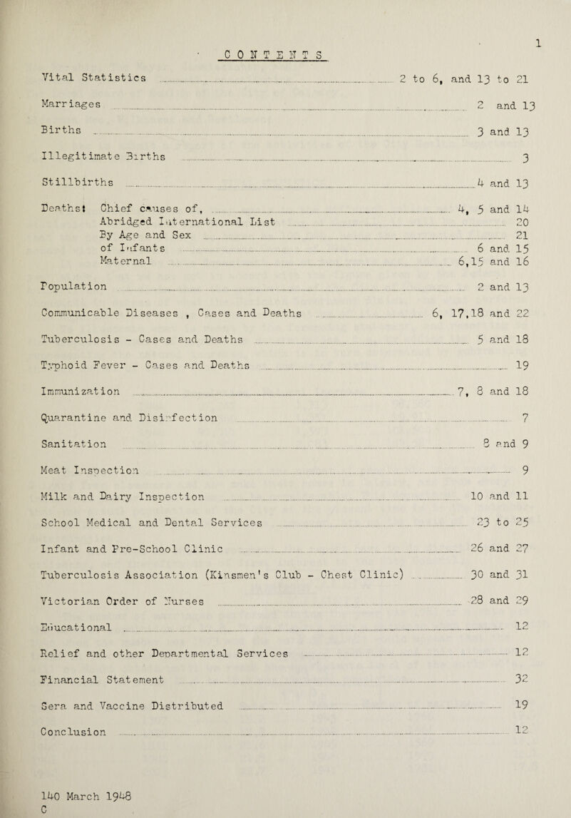 Vital Statistics CONTENT S 1 2 to 6, and 13 to 21 Marriages ..,. 2 and 13 Births . 3 and 13 Illegitimate Births ..„. 3 Stillbirths .4 and 13 Deaths! Chief causes of, ... 4, 5 and 14 Abridged International List . 20 By Age and Sex ... 21 of Infants . 6 and 15 Maternal . 6,15 and 16 Population . 2 and 13 Communicable Diseases , Cases and Deaths . 6, I?,l8 and 22 Tuberculosis - Cases and Deaths . 5 and 18 Typhoid Fever - Cases and Deaths .. 19 Immunization .........7, 8 and 18 Quarantine and. Disinfection . 7 Sanitation . 8 and 9 Meat Inspection . 9 Milk and Dairy Inspection .. 10 and 11 School Medical and Dental Services . 23 to 25 Infant and Pre-School Clinic . 26 and 27 Tuberculosis Association (Kinsmen’s Club - Chest Clinic) . 30 and 31 Victorian Order of Nurses . 28 and 29 Educational .....~. 12 Relief and other Departmental Services .. 12 :> Financial Statement . 32 Sera and Vaccine Distributed . 19 Conclusion . 12 140 March 1948 C