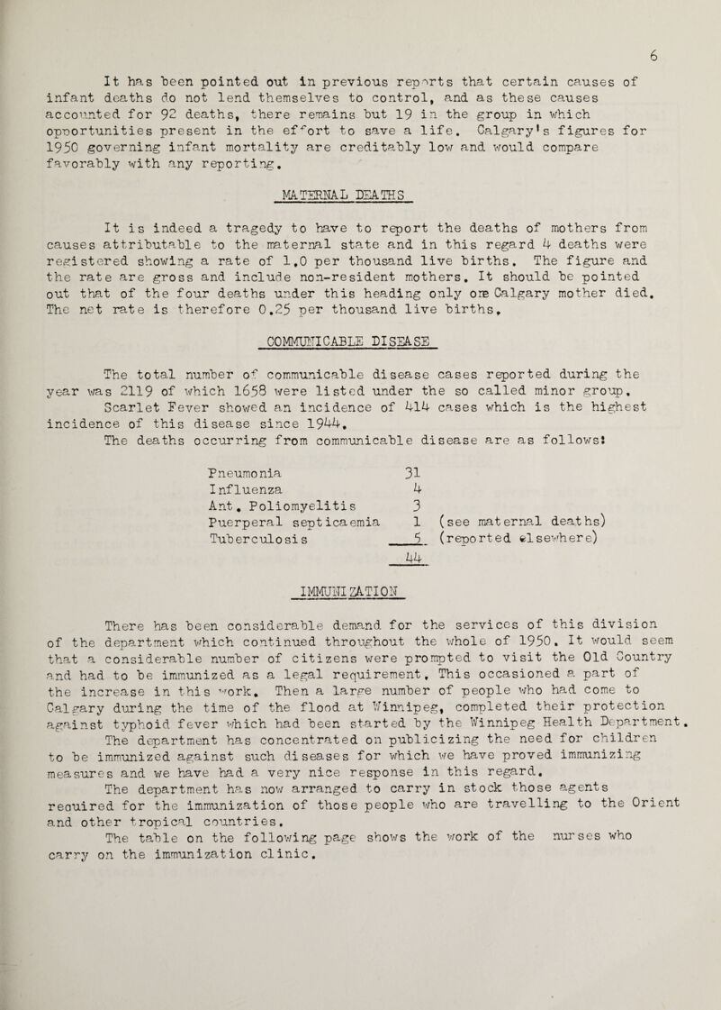 6 It has been pointed out in previous reports that certain causes of infant deaths do not lend themselves to control, and as these causes accounted for 92 deaths, there remains but 19 in the group in which opportunities present in the effort to save a life. Calgary’s figures for 1950 governing infant mortality are creditably low and would compare favorably with any reporting. MATERNAL DEATHS It is indeed a tragedy to have to report the deaths of mothers from causes attributable to the maternal state and in this regard 4 deaths were registered showing a rate of 1,0 per thousand live births. The figure and the rate are gross and include non-resident mothers. It should be pointed out that of the four deaths under this heading only ore Calgary mother died. The net rate is therefore 0.25 per thousand live births, COMMUNICABLE DISEASE The total number of communicable disease cases reported during the year was 2119 of which 1658 were listed under the so called minor group. Scarlet Eever showed an incidence of 414 cases which is the highest incidence of this disease since 1944. The deaths occurring from communicable disease are as follows? Pneumonia 31 Influenza 4 Ant. Poliomyelitis 3 Puerperal septicaemia 1 Tuberculosis 5 44 (see maternal deaths) (reported elsewhere) IMMUNIZATION There has been considerable demand for the services of this division of the department which continued throughout the whole of 1950. It would seem that a considerable number of citizens were prompted to visit the Old Country and had to be immunized as a legal requirement. This occasioned a part of the increase in this work* Then a large number of people who had come to Calgary during the time of the flood at Winnipeg, completed their protection against typhoid fever which had been started by the Winnipeg Health Department. The department has concentrated on publicizing the need for children to be immunized against such diseases for which we have proved immunizing measures and we have had a very nice response in this regard. The department has now arranged to carry in stock those agents reouired for the immunization of those people who are travelling to the Orient and other tropical countries. The table on the following page shows the work of the nurses who carry on the immunization clinic.