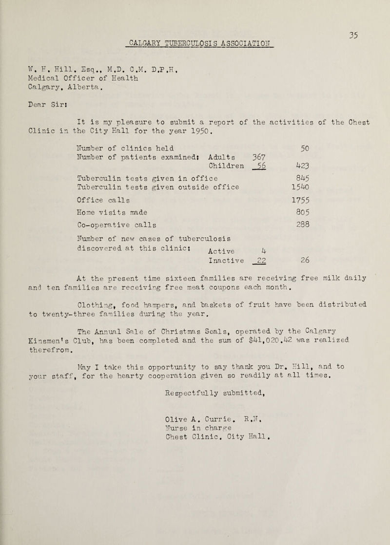 CALGARY TUBERCULOSIS ASSOCIATION 35 W, F. Hill. Esq.. M.D. C.M. D.P.H, Medical Officer of Health Calgary, Alberta. Dear Sir; It is my pleasure to submit a report of the activities of the Chest Clinic in the City Hall for the year 1950. Humber of clinics held Humber of patients examined; Adults 367 Ghildren 56 Tuberculin tests given in office Tuberculin tests given outside office Office calls Home visits made Co-operative calls Humber of new cases of tuberculosis discovered at this clinic; Active Inactive 4 22 50 423 845 1540 1755 805 288 26 At the present time sixteen families are receiving free milk daily and ten families are receiving free meat coupons each month. Clothing, food hampers, and baskets of fruit have been distributed to twenty-three families during the year. The Annual Sale of Christmas Seals, operated by the Calgary Kinsmen’s Club, has been completed and. the sum of $41,020.42 was realized therefrom. May I take this opportunity to say thank you Dr. Hill, and to your staff, for the hearty cooperation given so readily at all times. Respectfully submitted, Olive A. Currie. R.H, Furse in charge Chest Clinic, City Hall,