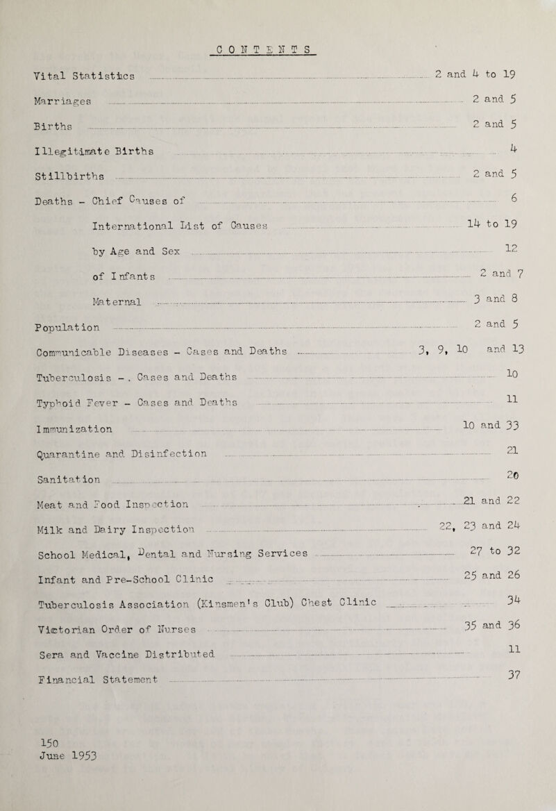 CONTENTS Vital Statist lies . Marriages . Births . Illegitimate Births ...... Stillbirths . Deaths - Chief Causes of . International List of Causes . by Age and Sex . of Infants . Maternal .... Population ... Communicable Diseases - Cases and Deaths . Tuberculosis - , Cases and Deaths . Typhoid Never - Cases and Deaths . Immunization . Quarantine and Disinfection .. Sanitation . Meat and Food Inspection . Milk and Dairy Inspection . School Medical, Cental and Nursing Services . Infant and Pre-School Clinic ...... Tuberculosis Association (Kinsmen’s Club) Chest Clinic Victorian Order of Nurses .-. Sera and Vaccine Distributed .. Financial Statement .-. .... 2 and 4 to 19 . 2 and 5 . 2 and 5 ..... 4 . 2 and 5 . 6 14 to 19 . 12 . 2 and 7 .. 3 and 8 . 2 and 5 3, 9, 10 and 13 . 10 . 11 10 and 33 . 21 . 20 ....21 and 22 22, 23 and 24 ... 27 to 32 25 and 26 .„. 34 .. 35 and 36 . 11 . 37 150 June 1953