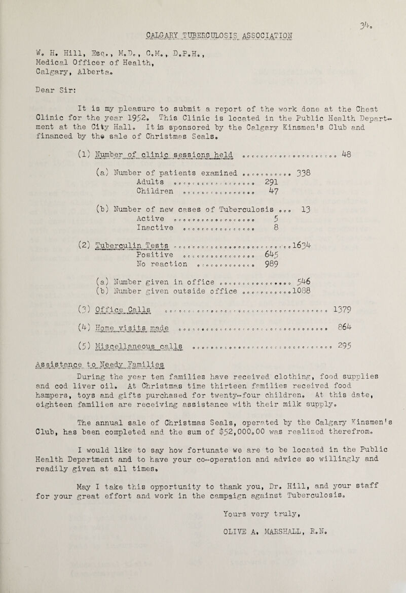 CALGARY . TIBERCULO.SIS _ ASSOC I AT ION W0 H. Hill, Esq., M0DC , C.M. D#F#H0, Medical Officer of Health, Calgary, Alberta® Dear Sir: It is my pleasure to submit a report of the work done at the Chest Clinic for the year 1952® This Clinic is located in the Public Health Depart ment at the City Hallo It is sponsored by the Calgary Kinsmen's Club and financed by the sale of Christmas Seals® (l) Number of clinic sessions held CT5'*^.rtr. t « ra* llt-CTX.- I 'raw mrtx- « r- -■*---** ■»— ^ c r o c c o o e* o c o c coo Number of patients Adult S o o e o c Children 0 ®e examined ®0co® coceccoeceooo COCC0C0O90C9O 291 47 338 Number of new cases of Tuberculosis Active Inactive oceoeeooooococoooo ©ecoceoecoccccoo 5 8 48 (2) Tuberculin_Tests *c*e« Positive 0 e c No reaction ocooooocoo oce ccocooo cococoooc o c c c c c 0 xtj J 647 989 (a) Number given in office e0«cece®00ec ® ®o® 546 (b) Number given outside office 0«0®®®0»c0®1088 (7) Office Calls ' •' Bxrv»«: tt • t ; A8~iar-tJ^?TC.TCJKT: c o c ccct ecrooocotccc ccooccoo 1379 (4) Home visits made ’ --r3T4mtc-jt- its-vt t*. -tit jra rsrv.-«. c-c.ttc.~-ct: ©ocoeocco</t©crrcc© cccocoooooooo 864 { j } Miscellaneous calls orocooccooooorceccccooceeceeooo 4,95 ' CtTJl’ X -.C.T-W - B-’.Tr.T:—.TTmf mr f -~ TZJT.T Assistance to_Needy_Ramilies During the year ten families have received clothing, food supplies and cod liver oil® At Christmas time thirteen families received food hampers, toys and gifts purchased for twenty-four children® At this date, eighteen families are receiving assistance with their milk faupply® The annual sale of Christmas Seals, operated by the Calgary kinsmen’s Club, has been completed and the sum of $52,000®00 was realized therefrom® I would like to say how fortunate we are to be located in the Public Health Department and to have your co-operation and advice so willingly and readily given at all times® May I take this opportunity to thank you, Dr® Hill, and your staff for your great effort and work in the campaign against Tuberculosis® Yours very truly, OLIVE A* MARSHALL, R®N®