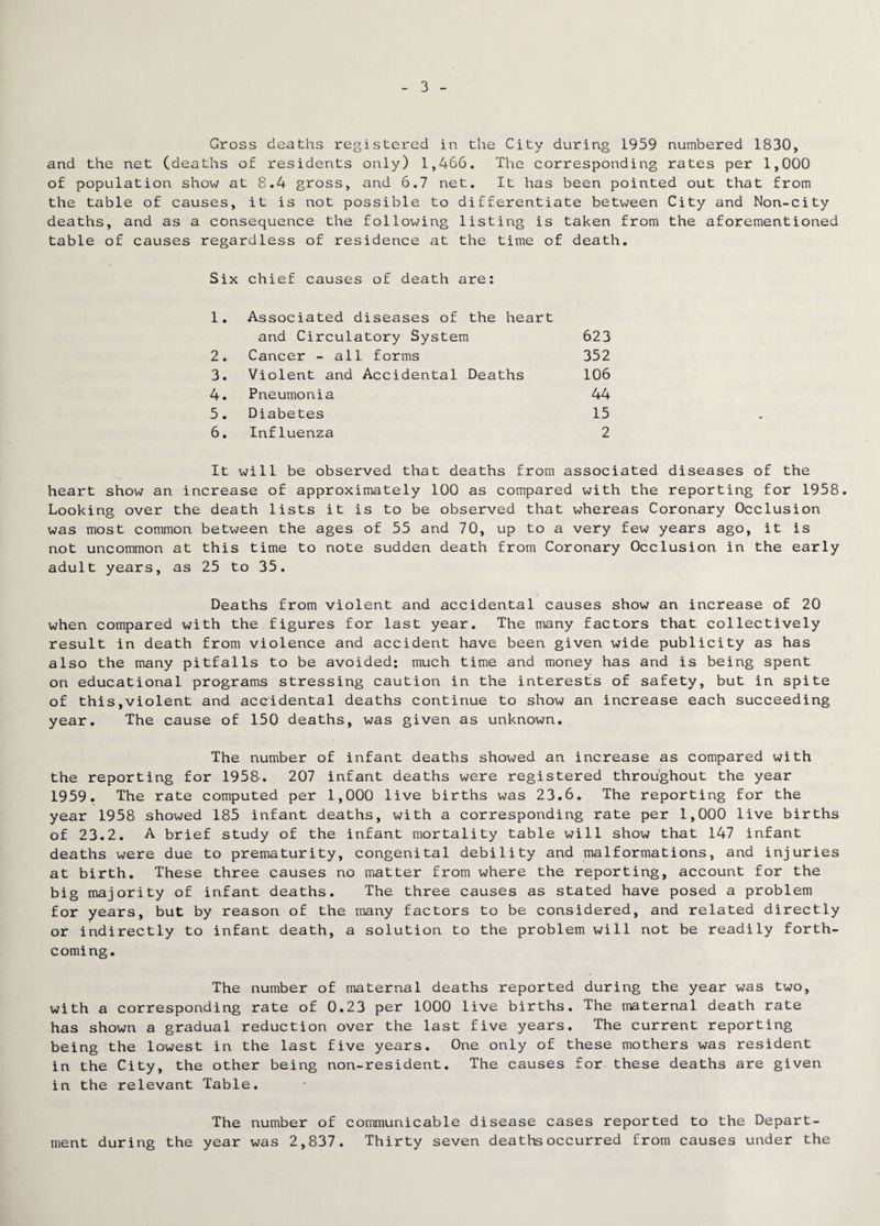 Gross deaths registered in the City during 1959 numbered 1830, and the net (deaths of residents only) 1,466. The corresponding rates per 1,000 of population show at 8.4 gross, and 6.7 net. It has been pointed out that from the table of causes, it is not possible to differentiate between City and Non-city deaths, and as a consequence the following listing is taken from the aforementioned table of causes regardless of residence at the time of death. Six chief causes of death are: 1. Associated diseases of the heart and Circulatory System 623 2. Cancer - all forms 352 3. Violent and Accidental Deaths 106 4. Pneumonia 44 5. Diabetes 15 6. Influenza 2 It will be observed that deaths from associated diseases of the heart show an increase of approximately 100 as compared with the reporting for 1958. Looking over the death lists it is to be observed that whereas Coronary Occlusion was most common between the ages of 55 and 70, up to a very few years ago, it is not uncommon at this time to note sudden death from Coronary Occlusion in the early adult years, as 25 to 35. Deaths from violent and accidental causes show an increase of 20 when compared with the figures for last year. The many factors that collectively result in death from violence and accident have been given wide publicity as has also the many pitfalls to be avoided: much time and money has and is being spent on educational programs stressing caution in the interests of safety, but in spite of this,violent and accidental deaths continue to show an increase each succeeding year. The cause of 150 deaths, was given as unknown. The number of infant deaths showed an increase as compared with the reporting for 1958. 207 infant deaths were registered throughout the year 1959. The rate computed per 1,000 live births was 23.6. The reporting for the year 1958 showed 185 infant deaths, with a corresponding rate per 1,000 live births of 23.2. A brief study of the infant mortality table will show that 147 infant deaths were due to prematurity, congenital debility and malformations, and injuries at birth. These three causes no matter from where the reporting, account for the big majority of infant deaths. The three causes as stated have posed a problem for years, but by reason of the many factors to be considered, and related directly or indirectly to infant death, a solution to the problem will not be readily forth- coming. The number of maternal deaths reported during the year was two, with a corresponding rate of 0.23 per 1000 live births. The maternal death rate has shown a gradual reduction over the last five years. The current reporting being the lowest in the last five years. One only of these mothers was resident in the City, the other being non-resident. The causes for these deaths are given in the relevant Table. The number of communicable disease cases reported to the Depart¬ ment during the year was 2,837. Thirty seven deaths occurred from causes under the