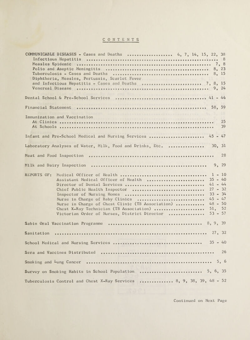 CONTENTS COMMUNICABLE DISEASES - Cases and Deaths .. 4, 7, 14, 15, 22, 38 Infectious Hepatitis ...... 8 Measles Epidemic ........ 7, 8 Polio and Aseptic Meningitis ..... 8, 23 Tuberculosis - Cases and Deaths ....... 8, 15 Diphtheria, Measles, Pertussis, Scarlet Fever and Infectious Hepatitis - Cases and Deaths ......................... 7, 8, 15 Venereal Disease ...o..................................................o 9, 24 Dental School & Pre-School Services ....... 41 - 44 Financial Statement ........ 58, 59 Immunization and Vaccination At Clinics ....... 25 At Schools ....... 39 Infant and Pre-School Medical and Nursing Services ... 45 - 47 Laboratory Analyses of Water, Milk, Food and Drinks, Etc. ... 30, 31 Meat and Food Inspection ...... 28 Milk and Dairy Inspection 9, 29 REPORTS OF: Medical Officer of Health .. 1 - 10 Assistant Medical Officer of Health . 35 - 40 Director of Dental Services . 41 - 44 Chief Public Health Inspector .. 27 - 32 Inspector of Nursing Homes .. 33 - 34 Nurse in Charge of Baby Clinics . 45 - 47 Nurse in Charge of Chest Clinic (TB Association) . 48 - 50 Chest X-Ray Technician (TB Association) .. 51, 52 Victorian Order of Nurses, District Director . 53 - 57 Sabin Oral Vaccination Programme 8, 9, 39 Sanitation 27, 32 School Medical and Nursing Services ..... 35 - 40 Sera and Vaccines Distributed .... 26 Smoking and Lung Cancer ..... 5, 6 Survey on Smoking Habits in School Population .. 5, 6, 35 Tuberculosis Control and Chest X-Ray Services .. 8, 9, 38, 39, 48 - 52 Continued on Next Page
