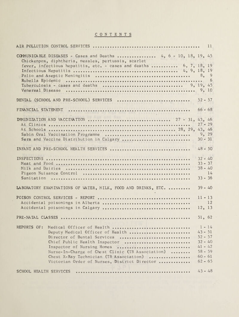 CONTENTS AIR POLLUTION CONTROL SERVICES . 11 CCMMUNICABLE DISEASES - Cases and Deaths . 4, 6 - 10, 18, 19, 45 Chickenpox, diphtheria, measles, pertussis, scarlet fever, infectious hepatitis, etc. - cases and deaths . 6, 7, 18, 19 Infectious Hepatitis . 4, 9, 18, 19 Polio and Aseptic Meningitis . 8, 9 Rubella Epidemic ..... 6 Tuberculosis - cases and deaths . 9, 19, 45 Venereal Disease . 9, 10 DENTAL (SCHOOL AND PRE-SCHOOL) SERVICES . 52 - 57 FINANCIAL STATEMENT . 66 - 68 IMMUNIZATION AND VACCINATION . 27 - 31 , 43, 46 At Clinics . 27-29 At Schools ....... 28, 29, 43, 46 Sabin Oral Vaccination Programme .. 9, 29 Sera and Vaccine Distribution in Calgary . 30- 31 INFANT AND PRE-SCHOOL HEALTH SERVICES . 48 - 50 INSPECTIONS . 32-40 Meat and Food . 33 - 37 Milk and Dairies ...... 38-40 Pigeon Nuisance Control . 14 Sanitation ... 33- 36 LABORATORY EXAMINATIONS OF WATER, MILK, FOOD AND DRINKS, ETC. 39-40 POISON CONTROL SERVICES - REPORT . 11 - 13 Accidental poisonings in Alberta . 12 Accidental poisonings in Calgary ... 12, 13 PRE-NATAL CLASSES . 51, 62 REPORTS OF: Medical Officer of Health . 1-14 Deputy Medical Officer of Health .. 43- 51 Director of Dental Services .... 52- 57 Chief Public Health Inspector .. 32- 40 Inspector of Nursing Homes . 41 - 42 Nurse-In-Charge of Chest Clinic (TB Association) .. 58-59 Chest X-Ray Technician (TB Association) . 60-61 Victorian Order of Nurses, District Director . 62- 65 SCHOOL HEALTH SERVICES . 43 - 48