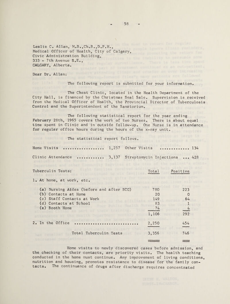 58 Leslie C. Allan, M.B.,Ch.B.,D.P.H., Medical Officer of Health, City of Calgary, Civic Administration Building, 333 - 7th Avenue S.E., CALGARY, Alberta. Dear Dr. Allan: The following report is submitted for your information. The Chest Clinic, located in the Health Department of the City Hall, is financed by the Christmas Seal Sale. Supervision is received from the Medical Officer of Health, the Provincial Director of Tuberculosis Control and the Superintendent of the Sanatorium. The following statistical report for the year ending February 28th, 1965 covers the work of two Nurses. There is about equal time spent in Clinic and in outside follow-up. One Nurse is in attendance for regular office hours during the hours of the x-ray unit. The statistical report follows. Home Visits ... 1,257 Other Visits ... 134 Clinic Attendance . 3,137 Streptomycin Injections ... 428 Tuberculin Tests: 1. At home, at work, etc. (a) Nursing Aides (before and after BCG) (b) Contacts at Home (c) Staff Contacts at Work (d) Contacts at School (e) Booth Home 2. In the Office Total Tuberculin Tests Total Positive 780 223 20 0 149 64 83 1 74 4 1,106 292 2,250 454 3,356 746 Home visits to newly discovered cases before admission, and the checking of their contacts, are priority visits. The health teaching conducted in the home must continue. Any improvement of living conditions, nutrition and housing, promotes resistance to disease for the family con¬ tacts. The continuance of drugs after discharge requires concentrated