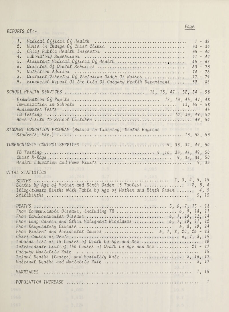 Page REPORTS Of:- 7. Medical Oilcan. 0fj Health . 7 - 32 2. Nurse -tn Charge 0jj Chest Clinic . 33 - 34 3. Chle^ Pub-tic Health Inspector . 35 - 40 4. Laboratory Supervlsor . 4 7 - 44 5. Asslstant Medical O^lcer 0fj Health . 45 - 62 6. Director 0& Dental Services . 63 - 73 7. Nutrition Advisor . 74 - 76 8. District Director 0& Victorian Order 0& Nurse-s . 77 - 79 9. financial Repeat Ofi the City 0& Calgary Health Department .... SO - S2 SCHOOL HEALTH SERI/ICES . 72 , 73, 47 - 52 , 54 - 58 Examination Ofi Pupils . 72, 73, 45, 47, 48 Immunization In Schools . 7 3, 55 - 58 Audiometer Tests . 45 TB Testing . 70, 33, 49, 50 Home Visits to School Children . 49, 54 STUDENT EDUCATION PROGRAM (Nurses In Training, Dental Hygiene Students, Etc.) . 7 3, 52 , 53 TUBERCULOSIS CONTROL SERVICES . 9, 33, 34, 49, 50 TB Testing . 9 , 70 , 33, 45, 49, 50 CHe-iT X-Pa^/4 . 9, 33, 34, 50 Health Education and Home Visits . 9, 33 1/ITAL STATISTICS BIRTHS . 2, 3, 4, 5, 75 Births by Age ofi Mother and Birth Order (3 Tables) . 2, 3, 4 Illegitimate Births With. Table by Age ofi Mother and Birth Order. 4, 5 Stillbirths . 5, 7 5 DEATHS . 5, 6, 7, 75 - 28 from Communicable Disease, Including TB . 6, 9, 7 8, 2 7 F/iom Cardiovascular Disease. 6, 7, 20, 23, 24 F^iom Lung Cancer and Other Malignant Neoplasms . 6 , 7, 20 , 2 7 , 22 F^iom Respiratory Disease . 6, 8, 20, 24 F^iom Violent and Accidental Causes . 6, 7, 8, 20, 26 - 28 Chlefi Causes ofi Death . 6, 7, 8, 79 Tabular List ojj 75 Caa6e4 ojj Death by Age and Sex. 20 Intermediate List o£ ISO Causes o& Death by Age and Sex . 2 7 - 27 Calgary Mortality Rate . 75 Infant Deaths (Causes) and Mortality Rate . 8, 76, 77 Maternal Deaths and Mortality Rate . 8, 7 7 MARRIAGES . 7, 7 5 POPULATION INCREASE . 7