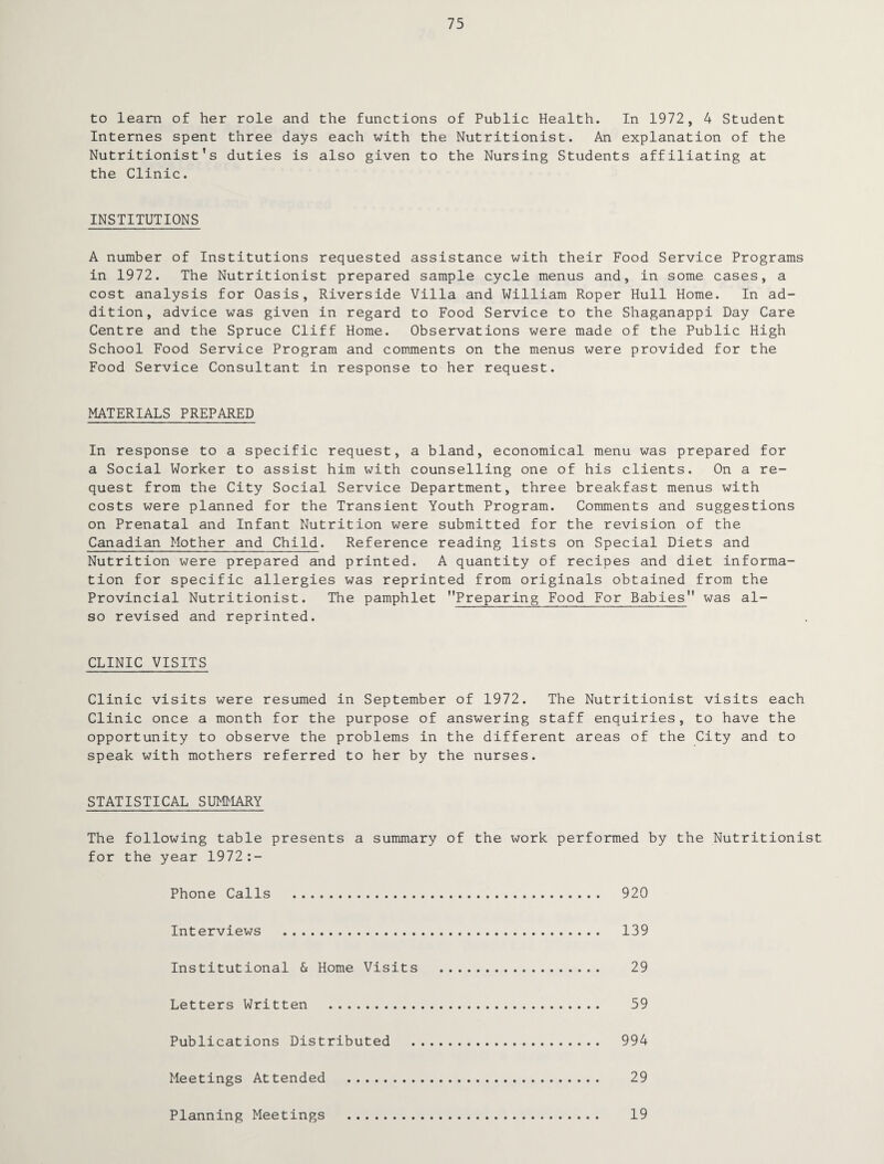 75 to learn of her role and the functions of Public Health. In 1972, 4 Student Internes spent three days each with the Nutritionist. An explanation of the Nutritionist’s duties is also given to the Nursing Students affiliating at the Clinic. INSTITUTIONS A number of Institutions requested assistance with their Food Service Programs in 1972. The Nutritionist prepared sample cycle menus and, in some cases, a cost analysis for Oasis, Riverside Villa and William Roper Hull Home. In ad¬ dition, advice was given in regard to Food Service to the Shaganappi Day Care Centre and the Spruce Cliff Home. Observations were made of the Public High School Food Service Program and comments on the menus were provided for the Food Service Consultant in response to her request. MATERIALS PREPARED In response to a specific request, a bland, economical menu was prepared for a Social Worker to assist him with counselling one of his clients. On a re¬ quest from the City Social Service Department, three breakfast menus with costs were planned for the Transient Youth Program. Comments and suggestions on Prenatal and Infant Nutrition were submitted for the revision of the Canadian Mother and Child. Reference reading lists on Special Diets and Nutrition were prepared and printed. A quantity of recipes and diet informa¬ tion for specific allergies was reprinted from originals obtained from the Provincial Nutritionist. The pamphlet ’’Preparing Food For Babies was al¬ so revised and reprinted. CLINIC VISITS Clinic visits were resumed in September of 1972. The Nutritionist visits each Clinic once a month for the purpose of answering staff enquiries, to have the opportunity to observe the problems in the different areas of the City and to speak with mothers referred to her by the nurses. STATISTICAL SUMMARY The following table presents a summary of the work performed by the Nutritionist for the year 1972 : — Phone Calls 920 Interviews 139 Institutional & Home Visits 29 Letters Written 59 Publications Distributed 994 Meetings Attended 29 Planning Meetings 19