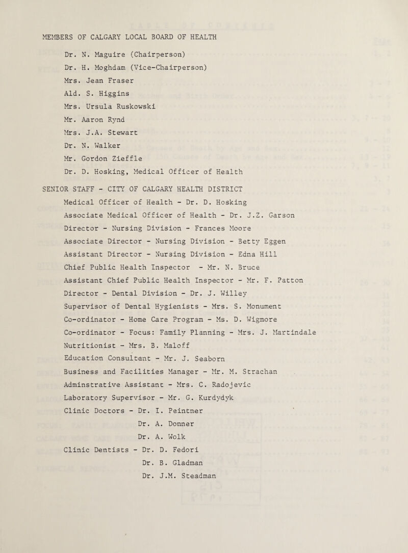 Dr. N. Maguire (Chairperson) Dr. H. Moghdam (Vice-Chairperson) Mrs. Jean Fraser Aid. S. Higgins Mrs. Ursula Ruskowski Mr. Aaron Rynd Mrs. J.A. Stewart Dr. N. Walker Mr. Gordon Zieffle Dr. D. Hosking, Medical Officer of Health SENIOR STAFF - CITY OF CALGARY HEALTH DISTRICT Medical Officer of Health - Dr. D. Hosking Associate Medical Officer of Health - Dr. J.Z. Garson Director - Nursing Division - Frances Moore Associate Director - Nursing Division - Betty Eggen Assistant Director - Nursing Division - Edna Hill Chief Public Health Inspector - Mr. N. Bruce Assistant Chief Public Health Inspector - Mr. F. Patton Director - Dental Division -Dr. J. Willey Supervisor of Dental Hygienists - Mrs. S. Monument Co-ordinator - Home Care Program - Ms. D. Wigmore Co-ordinator - Focus: Family Planning - Mrs. J. Martindal Nutritionist - Mrs. B. Maloff Education Consultant - Mr. J. Seaborn Business and Facilities Manager - Mr. M. Strachan Adminstrative Assistant - Mrs. C. Radojevic Laboratory Supervisor - Mr. G. Kurdydyk Clinic Doctors - Dr. I. Peintner Dr. A. Donner Dr. A. Wolk Clinic Dentists - Dr. D. Fedori Dr. B. G1adman Dr. J.M. Steadman