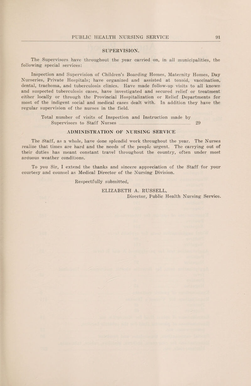 SUPERVISION. The Supervisors have throughout the year carried on, in all municipalities, the following special services: Inspection and Supervision of Children’s Boarding Homes, Maternity Homes, Day Nurseries, Private Hospitals; have organized and assisted at toxoid, vaccination, dental, trachoma, and tuberculosis clinics. Have made follow-up visits to all known and suspected tuberculosis cases, have investigated and secured relief or treatment either locally or through the Provincial Hospitalization or Relief Departments for most of the indigent social and medical cases dealt with. In addition they have the regular supervision of the nurses in the field. Total number of visits of Inspection and Instruction made by Supervisors to Staff Nurses _ 29 ADMINISTRATION OF NURSING SERVICE The Staff, as a whole, have done splendid work throughout the year. The Nurses realize that times are hard and the needs of the people urgent. The carrying out of their duties has meant constant travel throughout the country, often under most arduous weather conditions. To you Sir, I extend the thanks and sincere appreciation of the Staff for your courtesy and counsel as Medical Director of the Nursing Division. Respectfully submitted, ELIZABETH A. RUSSELL, Director, Public Health Nursing Service.