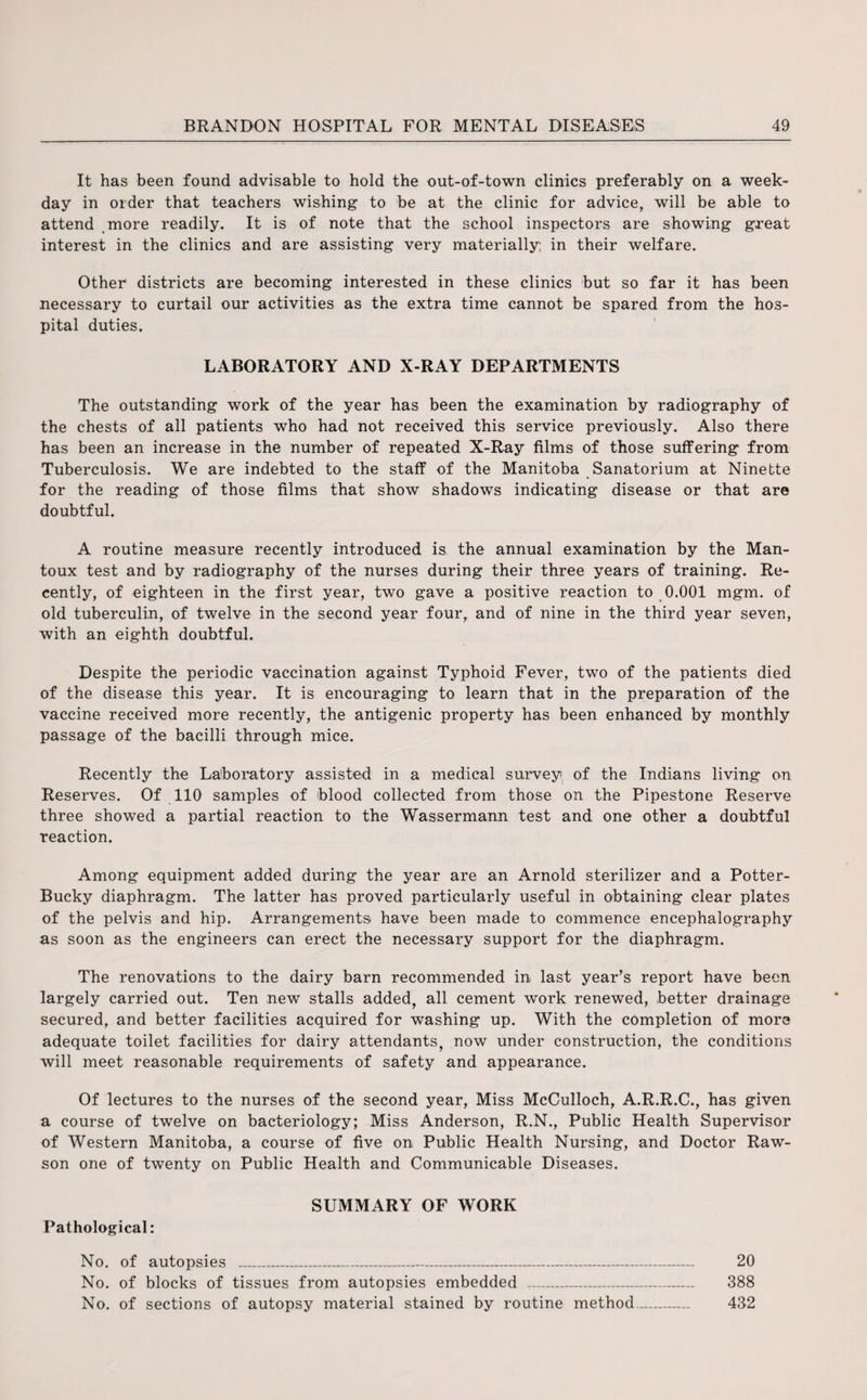 It has been found advisable to hold the out-of-town clinics preferably on a week¬ day in older that teachers wishing to be at the clinic for advice, will be able to attend more readily. It is of note that the school inspectors are showing great interest in the clinics and are assisting very materially; in their welfare. Other districts are becoming interested in these clinics but so far it has been necessary to curtail our activities as the extra time cannot be spared from the hos¬ pital duties. LABORATORY AND X-RAY DEPARTMENTS The outstanding work of the year has been the examination by radiography of the chests of all patients who had not received this service previously. Also there has been an increase in the number of repeated X-Ray films of those suffering from Tuberculosis. We are indebted to the staff of the Manitoba Sanatorium at Ninette for the reading of those films that show shadows indicating disease or that are doubtful. A routine measure recently introduced is the annual examination by the Man- toux test and by radiography of the nurses during their three years of training. Re¬ cently, of eighteen in the first year, two gave a positive reaction to 0.001 mgm. of old tuberculin, of twelve in the second year four, and of nine in the third year seven, with an eighth doubtful. Despite the periodic vaccination against Typhoid Fever, two of the patients died of the disease this year. It is encouraging to learn that in the preparation of the vaccine received more recently, the antigenic property has been enhanced by monthly passage of the bacilli through mice. Recently the Laboratory assisted in a medical survey of the Indians living on Reserves. Of 110 samples of blood collected from those on the Pipestone Reserve three showed a partial reaction to the Wassermann test and one other a doubtful reaction. Among equipment added during the year are an Arnold sterilizer and a Potter- Bucky diaphragm. The latter has proved particularly useful in obtaining clear plates of the pelvis and hip. Arrangements have been made to commence encephalography as soon as the engineers can erect the necessary support for the diaphragm. The renovations to the dairy barn recommended in last year’s report have been largely carried out. Ten new stalls added, all cement work renewed, better drainage secured, and better facilities acquired for washing up. With the completion of more adequate toilet facilities for dairy attendants, now under construction, the conditions will meet reasonable requirements of safety and appearance. Of lectures to the nurses of the second year, Miss McCulloch, A.R.R.C., has given a course of twelve on bacteriology; Miss Anderson, R.N., Public Health Supervisor of Western Manitoba, a course of five on Public Health Nursing, and Doctor Raw- son one of twenty on Public Health and Communicable Diseases. SUMMARY OF WORK Pathological: No. of autopsies _ 20 No. of blocks of tissues from autopsies embedded - 388 No. of sections of autopsy material stained by routine method_ 432