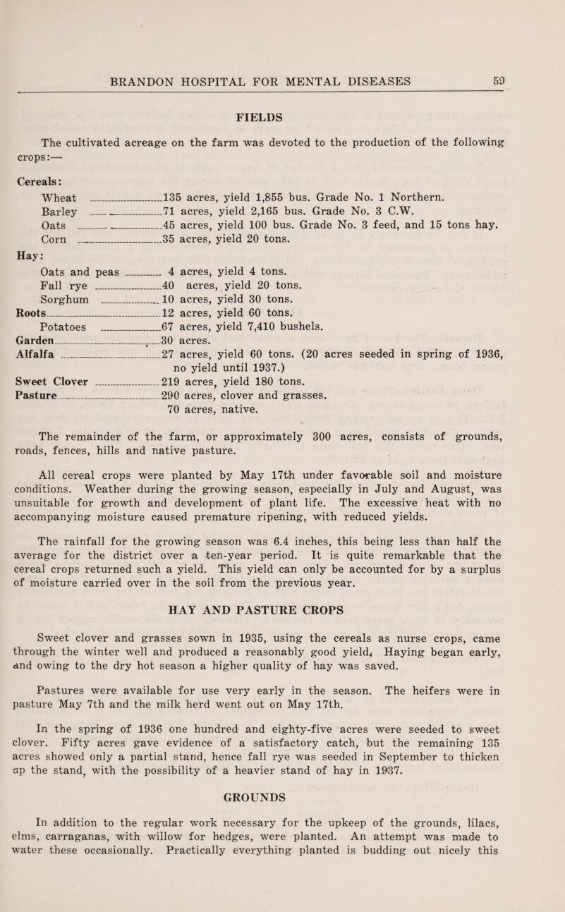 FIELDS The cultivated acreage on the farm was devoted to the production of the following crops:— Cereals: Wheat _135 acres, yield 1,855 bus. Grade No. 1 Northern. Barley __ -_71 acres, yield 2,165 bus. Grade No. 3 C.W. Oats _45 acres, yield 100 bus. Grade No. 3 feed, and 15 tons hay. Corn _35 acres, yield 20 tons. Hay: Oats and peas _ 4 acres, yield 4 tons. Fall rye _40 acres, yield 20 tons. Sorghum _10 acres, yield 30 tons. Roots_12 acres, yield 60 tons. Potatoes _67 acres, yield 7,410 bushels. Garden____30 acres. Alfalfa _27 acres, yield 60 tons. (20 acres seeded in spring of 1936, no yield until 1937.) Sweet Clover __219 acres, yield 180 tons. Pasture_290 acres, clover and grasses. 70 acres, native. The remainder of the farm, or approximately 300 acres, consists of grounds, roads, fences, hills and native pasture. All cereal crops were planted by May 17th under favorable soil and moisture conditions. Weather during the growing season, especially in July and August, was unsuitable for growth and development of plant life. The excessive heat with no accompanying moisture caused premature ripening, with reduced yields. The rainfall for the growing season was 6.4 inches, this being less than half the average for the district over a ten-year period. It is quite remarkable that the cereal crops returned such a yield. This yield can only be accounted for by a surplus of moisture carried over in the soil from the previous year. HAY AND PASTURE CROPS Sweet clover and grasses sown in 1935, using the cereals as nurse crops, came through the winter well and produced a reasonably good yields Haying began early, and owing to the dry hot season a higher quality of hay was saved. Pastures were available for use very early in the season. The heifers were in pasture May 7th and the milk herd went out on May 17th. In the spring of 1936 one hundred and eighty-five acres were seeded to sweet clover. Fifty acres gave evidence of a satisfactory catch, but the remaining 135 acres showed only a partial stand, hence fall rye was seeded in September to thicken tip the stand, with the possibility of a heavier stand of hay in 1937. GROUNDS In addition to the regular work necessary for the upkeep of the grounds, lilacs, elms, carraganas, with willow for hedges, were planted. An attempt was made to water these occasionally. Practically everything planted is budding out nicely this