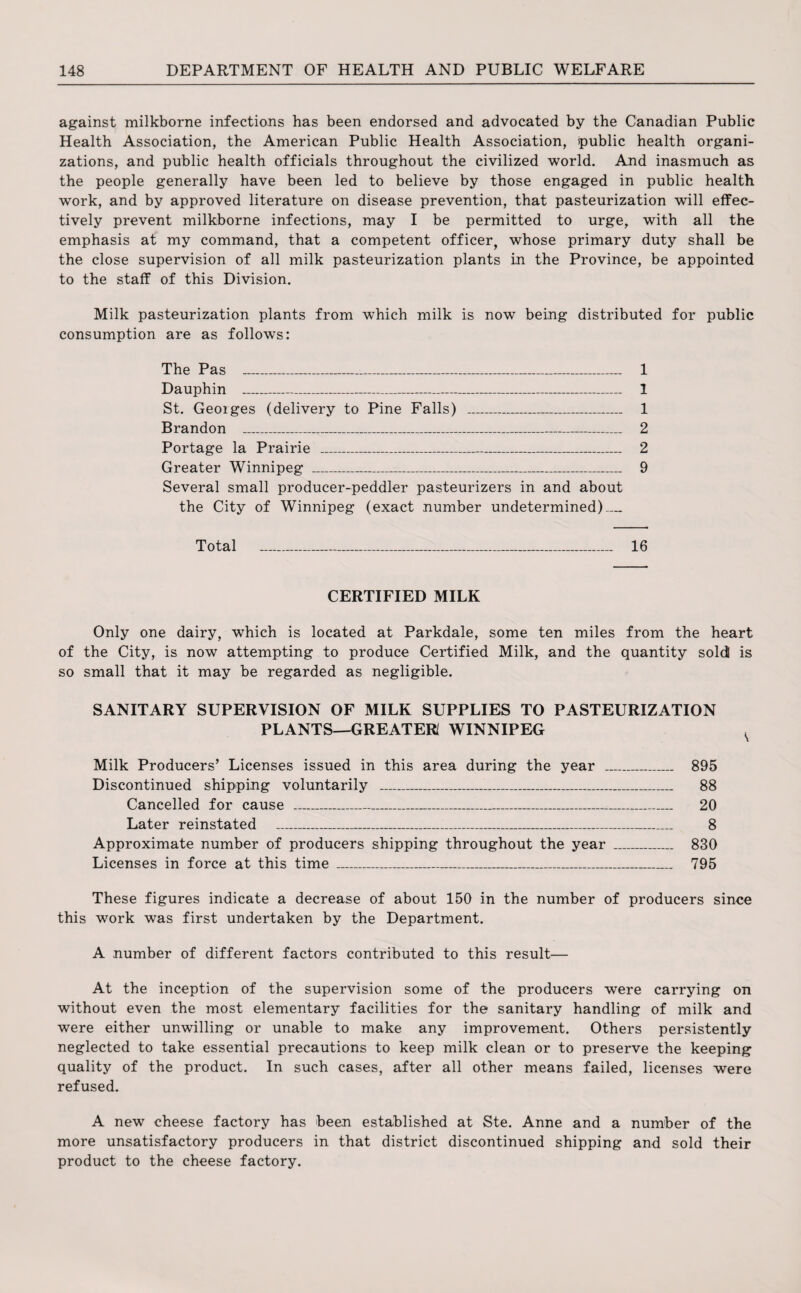 against milkborne infections has been endorsed and advocated by the Canadian Public Health Association, the American Public Health Association, public health organi¬ zations, and public health officials throughout the civilized world. And inasmuch as the people generally have been led to believe by those engaged in public health work, and by approved literature on disease prevention, that pasteurization will effec¬ tively prevent milkborne infections, may I be permitted to urge, with all the emphasis at my command, that a competent officer, whose primary duty shall be the close supervision of all milk pasteurization plants in the Province, be appointed to the staff of this Division. Milk pasteurization plants from which milk is now being distributed for public consumption are as follows: The Pas _ 1 Dauphin _ 1 St. Georges (delivery to Pine Falls) _ 1 Brandon _ 2 Portage la Prairie _ 2 Greater Winnipeg _ 9 Several small producer-peddler pasteurizers in and about the City of Winnipeg (exact number undetermined)_ Total _ 16 CERTIFIED MILK Only one dairy, which is located at Parkdale, some ten miles from the heart of the City, is now attempting to produce Certified Milk, and the quantity sold is so small that it may be regarded as negligible. SANITARY SUPERVISION OF MILK SUPPLIES TO PASTEURIZATION PLANTS—GREATER WINNIPEG Milk Producers’ Licenses issued in this area during the year _ 895 Discontinued shipping voluntarily _ 88 Cancelled for cause _ 20 Later reinstated _ 8 Approximate number of producers shipping throughout the year _ 830 Licenses in force at this time _ 795 These figures indicate a decrease of about 150 in the number of producers since this work was first undertaken by the Department. A number of different factors contributed to this result— At the inception of the supervision some of the producers were carrying on without even the most elementary facilities for the sanitary handling of milk and were either unwilling or unable to make any improvement. Others persistently neglected to take essential precautions to keep milk clean or to preserve the keeping quality of the product. In such cases, after all other means failed, licenses were refused. A new cheese factory has been established at Ste. Anne and a number of the more unsatisfactory producers in that district discontinued shipping and sold their product to the cheese factory.