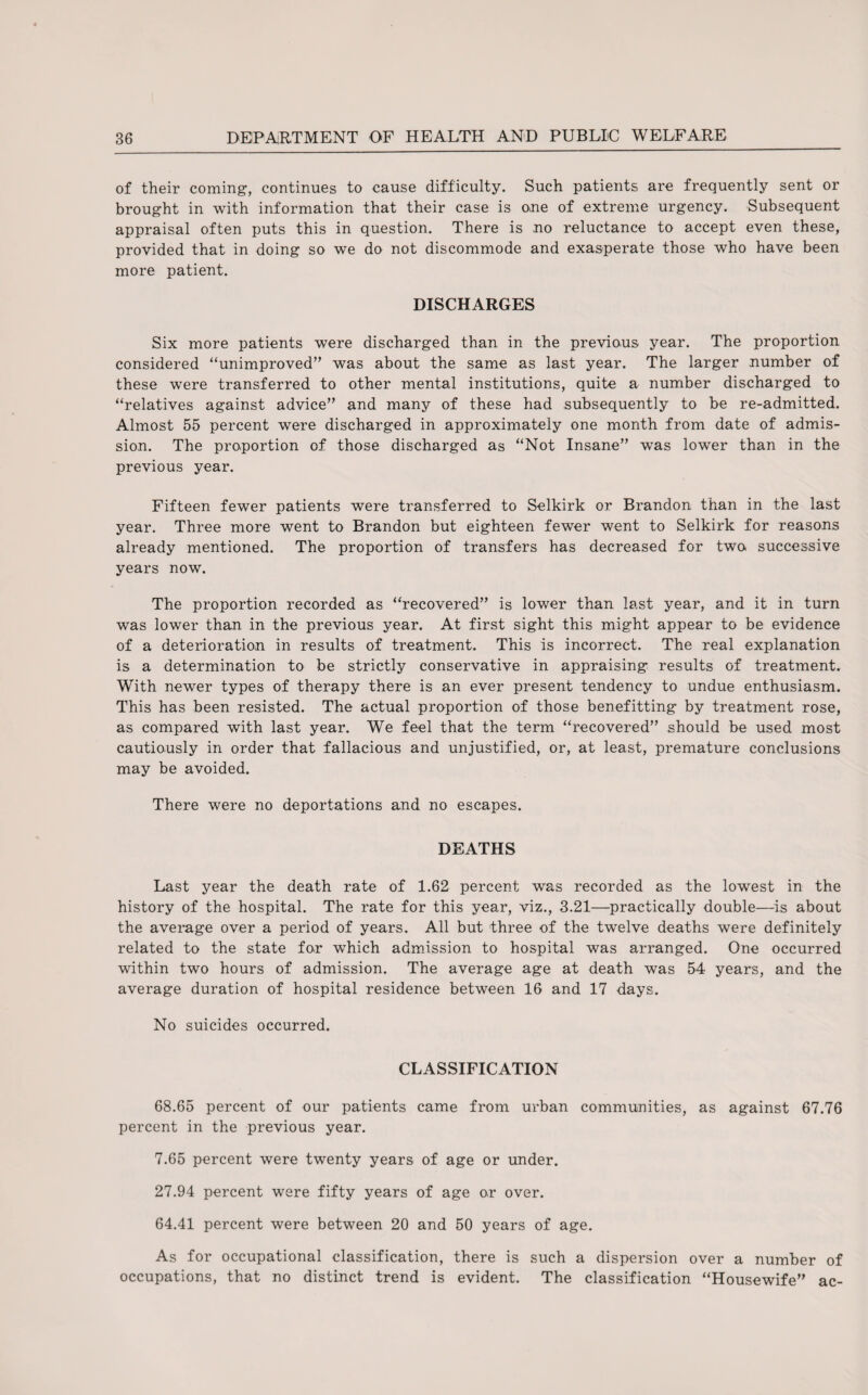 of their coming, continues to cause difficulty. Such patients are frequently sent or brought in with information that their case is one of extreme urgency. Subsequent appraisal often puts this in question. There is no reluctance to accept even these, provided that in doing so we do not discommode and exasperate those who have been more patient. DISCHARGES Six more patients were discharged than in the previous year. The proportion considered “unimproved’’ was about the same as last year. The larger number of these were transferred to other mental institutions, quite a number discharged to “relatives against advice” and many of these had subsequently to be re-admitted. Almost 55 percent were discharged in approximately one month from date of admis¬ sion. The proportion of those discharged as “Not Insane” was lower than in the previous year. Fifteen fewer patients were transferred to Selkirk or Brandon than in the last year. Three more went to Brandon but eighteen fewer went to Selkirk for reasons already mentioned. The proportion of transfers has decreased for two. successive years now. The proportion recorded as “recovered” is lower than last year, and it in turn was lower than in the previous year. At first sight this might appear to be evidence of a deterioration in results of treatment. This is incorrect. The real explanation is a determination to be strictly conservative in appraising results of treatment. With newer types of therapy there is an ever present tendency to undue enthusiasm. This has been resisted. The actual proportion of those benefiting by treatment rose, as compared with last year. We feel that the term “recovered” should be used most cautiously in order that fallacious and unjustified, or, at least, premature conclusions may be avoided. There were no deportations and no escapes. DEATHS Last year the death rate of 1.62 percent was recorded as the lowest in the history of the hospital. The rate for this year, viz., 3.21—practically double—is about the average over a period of years. All but three of the twelve deaths were definitely related to the state for which admission to hospital was arranged. One occurred within two hours of admission. The average age at death was 54 years, and the average duration of hospital residence between 16 and 17 days. No suicides occurred. CLASSIFICATION 68.65 percent of our patients came from urban communities, as against 67.76 percent in the previous year. 7.65 percent were twenty years of age or under. 27.94 percent were fifty years of age or over. 64.41 percent were between 20 and 50 years of age. As for occupational classification, there is such a dispersion over a number of occupations, that no distinct trend is evident. The classification “Housewife” ac-