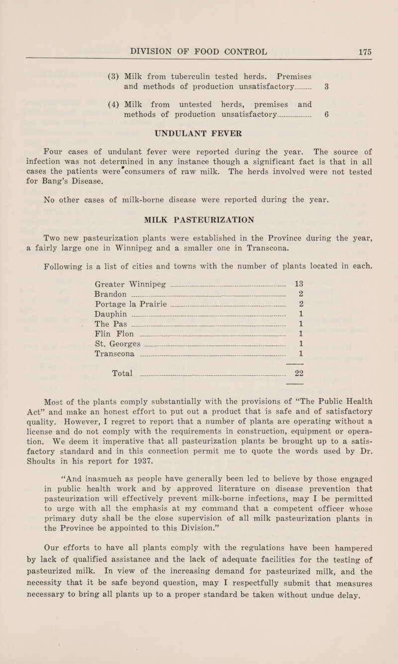 (3) Milk from tuberculin tested herds. Premises and methods of production unsatisfactory_ 3 (4) Milk from untested herds, premises and methods of production unsatisfactory_ 6 UNDULANT FEVER Four cases of undulant fever were reported during the year. The source of infection was not determined in any instance though a significant fact is that in all cases the patients were consumers of raw milk. The herds involved were not tested for Bang’s Disease. No other cases of milk-borne disease were reported during the year. MILK PASTEURIZATION Two new pasteurization plants were established in the Province during the year, a fairly large one in Winnipeg and a smaller one in Transcona. Following is a list of cities and towns with the number of plants located in each. Greater Winnipeg _ 13 Brandon _ 2 Portage la Prairie _ 2 Dauphin _ 1 The Pas _ 1 Flin Flon _ 1 St. Georges _ 1 Transcona _ 1 Total ---- 22 Most of the plants comply substantially with the provisions of “The Public Health Act” and make an honest effort to. put out a product that is safe and of satisfactory quality. However, I regret to report that a number of plants are operating without a license and do not comply with the requirements in construction, equipment or opera¬ tion. We deem it imperative that all pasteurization plants be brought up to a satis¬ factory standard and in this connection permit me to quote the words used by Dr. Shoults in his report for 1937. “And inasmuch as people have generally been led to believe by those engaged in public health work and by approved literature on disease prevention that pasteurization will effectively prevent milk-borne infections, may I be permitted to urge with all the emphasis at my command that a competent officer whose primary duty shall be the close supervision of all milk pasteurization plants in the Province be appointed to. this Division.” Our efforts to have all plants comply with the regulations have been hampered by lack of qualified assistance and the lack of adequate facilities for the testing of pasteurized milk. In view of the increasing demand for pasteurized milk, and the necessity that it be safe beyond question, may I respectfully submit that measures necessary to bring all plants up to a proper standard be taken without undue delay.