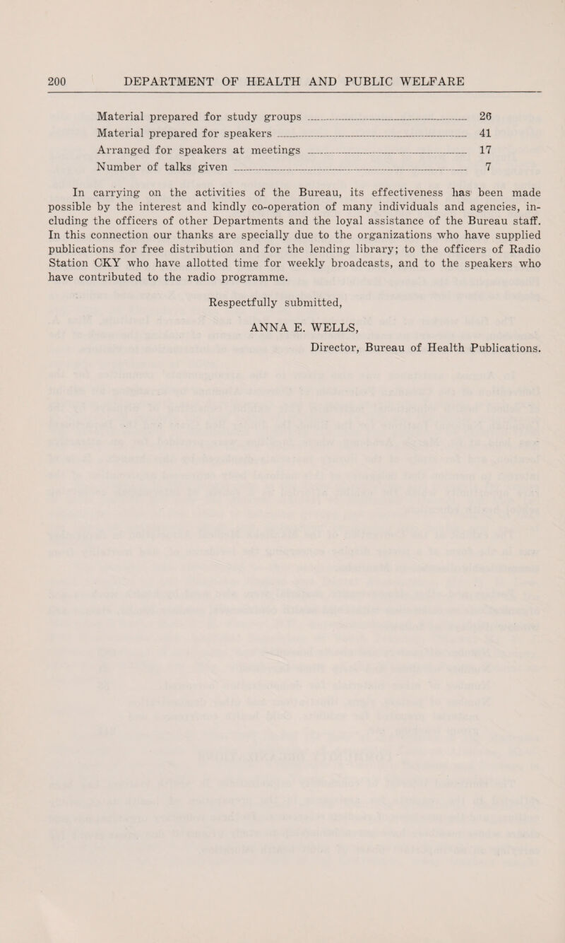 Material prepared for study groups ____— 26 Material prepared for speakers___ 41 Arranged for speakers at meetings ___ 17 Number of talks given _ 7 In carrying on the activities of the Bureau, its effectiveness lias' been made possible by the interest and kindly co,-operation of many individuals and agencies, in¬ cluding the officers of other Departments and the loyal assistance of the Bureau staff. In this connection our thanks are specially due to the organizations who have supplied publications for free distribution and for the lending library; to the officers of Radio Station OKY who have allotted time for weekly broadcasts, and to the speakers who have contributed to the radio programme. Respectfully submitted, ANNA E. WELLS, Director, Bureau of Health Publications.