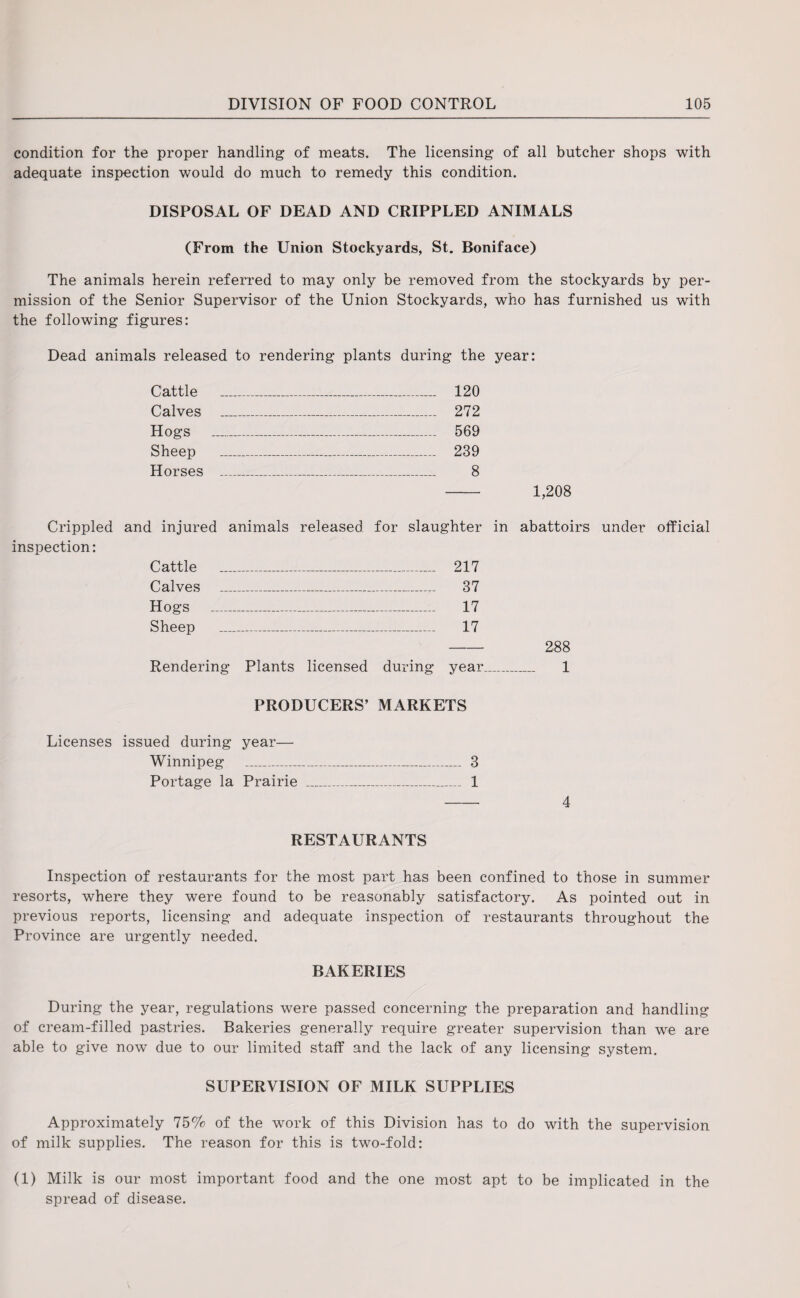 condition for the proper handling of meats. The licensing of all butcher shops with adequate inspection would do much to remedy this condition. DISPOSAL OF DEAD AND CRIPPLED ANIMALS (From the Union Stockyards, St. Boniface) The animals herein referred to may only be removed from the stockyards by per¬ mission of the Senior Supervisor of the Union Stockyards, who has furnished us with the following figures: Dead animals released to rendering plants during the year: Cattle Calves Hogs Sheep Horses 120 272 569 239 8 - 1,208 Crippled inspection: and injured animals released for slaughter in abattoirs under official Cattle _ 217 Calves _ 37 Hogs _ 17 Sheep _ 17 - 288 Rendering Plants licensed during year_ 1 PRODUCERS’ MARKETS Licenses issued during year— Winnipeg _ 3 Portage la Prairie _ 1 -- 4 RESTAURANTS Inspection of restaurants for the most part has been confined to those in summer resorts, where they were found to be reasonably satisfactory. As pointed out in previous reports, licensing and adequate inspection of restaurants throughout the Province are urgently needed. BAKERIES During the year, regulations were passed concerning the preparation and handling of cream-filled pastries. Bakeries generally require greater supervision than we are able to give now due to our limited staff and the lack of any licensing system. SUPERVISION OF MILK SUPPLIES Approximately 75% of the work of this Division has to do with the supervision of milk supplies. The reason for this is two-fold: (1) Milk is our most important food and the one most apt to be implicated in the spread of disease.