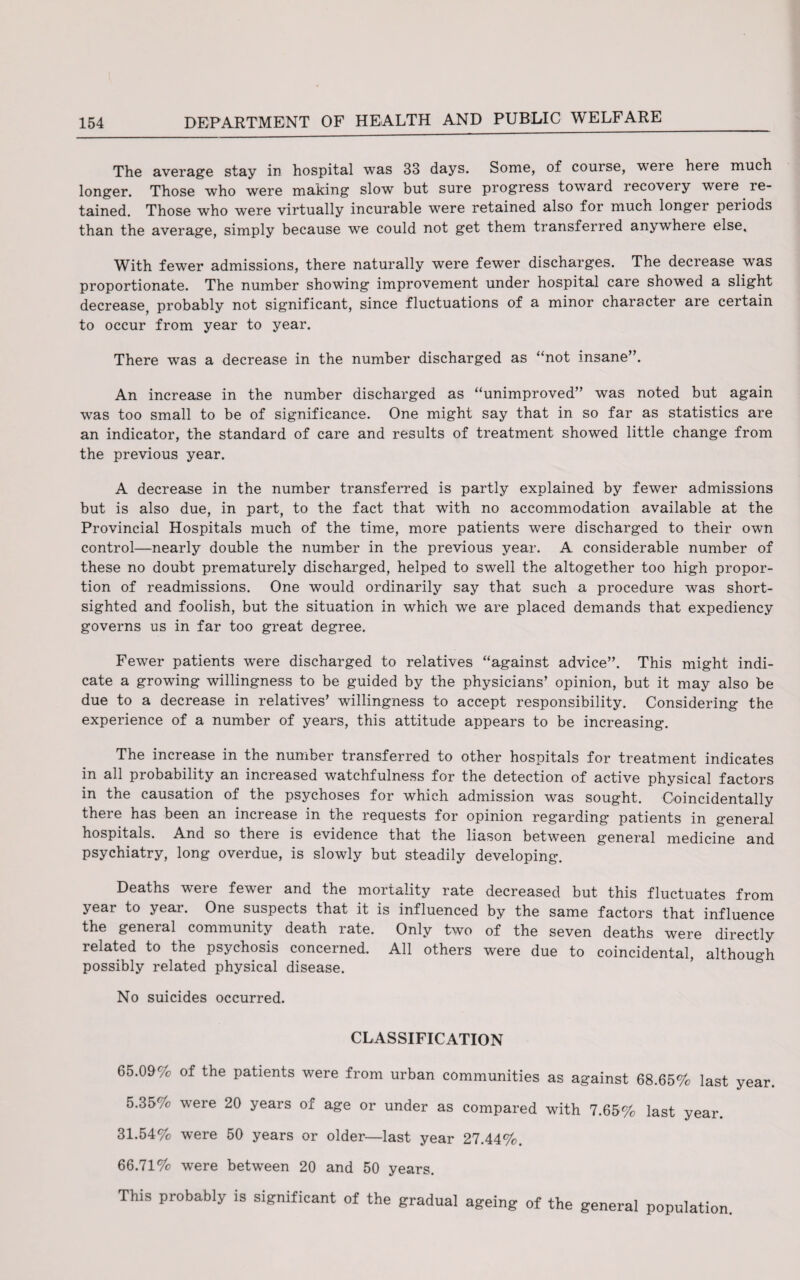 The average stay in hospital was 33 days. Some, of course, weie heie much longer. Those who were making slow but sure progress toward recovery were re¬ tained. Those who were virtually incurable were retained also for much longer peiiods than the average, simply because we could not get them transferred anywhere else. With fewer admissions, there naturally were fewer discharges. The decrease was proportionate. The number showing improvement under hospital care showed a slight decrease, probably not significant, since fluctuations of a minor character are certain to occur from year to year. There was a decrease in the number discharged as “not insane”. An increase in the number discharged as “unimproved” was noted but again was too small to be of significance. One might say that in so far as statistics are an indicator, the standard of care and results of treatment showed little change from the previous year. A decrease in the number transferred is partly explained by fewer admissions but is also due, in part, to the fact that with no accommodation available at the Provincial Hospitals much of the time, more patients were discharged to their own control—nearly double the number in the previous year. A considerable number of these no doubt prematurely discharged, helped to swell the altogether too high propor¬ tion of readmissions. One would ordinarily say that such a procedure was short¬ sighted and foolish, but the situation in which we are placed demands that expediency governs us in far too great degree. Fewer patients were discharged to relatives “against advice”. This might indi¬ cate a growing willingness to be guided by the physicians’ opinion, but it may also be due to a decrease in relatives’ willingness to accept responsibility. Considering the experience of a number of years, this attitude appears to be increasing. The increase in the number transferred to other hospitals for treatment indicates in all probability an increased watchfulness for the detection of active physical factors in the causation of the psychoses for which admission was sought. Coincidentally there has been an increase in the requests for opinion regarding patients in general hospitals. And so theie is evidence that the liason between general medicine and psychiatry, long overdue, is slowly but steadily developing. Deaths were fewer and the mortality rate decreased but this fluctuates from year to year. One suspects that it is influenced by the same factors that influence the general community death rate. Only two of the seven deaths were directly related to the psychosis concerned. All others were due to coincidental, although possibly related physical disease. No suicides occurred. CLASSIFICATION 65.09% of the patients were from urban communities as against 68.65% last year 5.35% were 20 years of age or under as compared with 7.65% last year 31.54% were 50 years or older—last year 27.44%. 66.71% were between 20 and 50 years. This probably is significant of the gradual ageing of the general population.