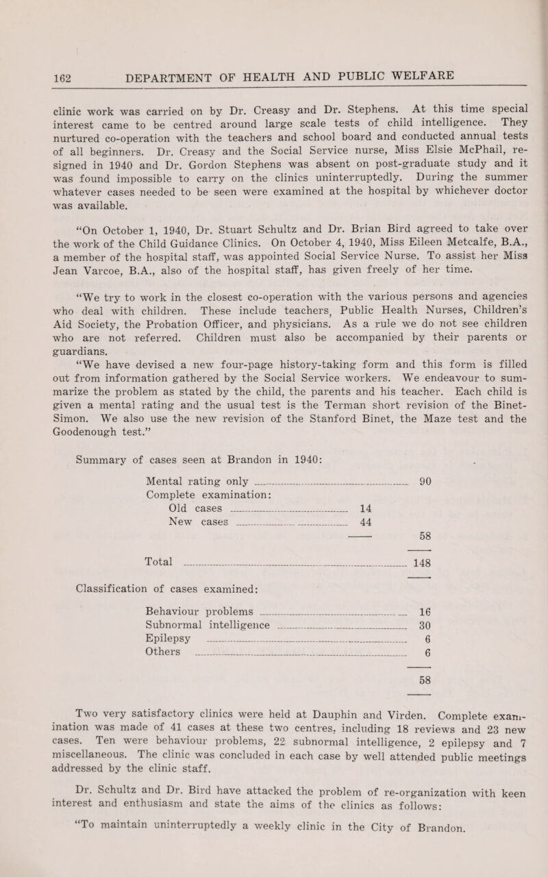 clinic work was carried on by Dr. Creasy and Dr. Stephens. At this time special interest came to be centred around large scale tests of child intelligence. They nurtured co-operation with the teachers and school board and conducted annual tests of all beginners. Dr. Creasy and the Social Service nurse, Miss Elsie McPhail, re¬ signed in 1940 and Dr. Gordon Stephens was absent on post-graduate study and it was found impossible to carry on the clinics uninterruptedly. During the summer whatever cases needed to be seen were examined at the hospital by whichever doctor was available. “On October 1, 1940, Dr. Stuart Schultz and Dr. Brian Bird agreed to take over the work of the Child Guidance Clinics. On October 4, 1940, Miss Eileen Metcalfe, B.A., a member of the hospital staff, was appointed Social Service Nurse. To assist her Miss Jean Varcoe, B.A., also of the hospital staff, has given freely of her time. “We try to work in the closest co-operation with the various persons and agencies who deal with children. These include teachers^ Public Health Nurses, Children s Aid Society, the Probation Officer, and physicians. As a rule we do not see children wTho are not referred. Children must also be accompanied by their parents or guardians. “We have devised a new four-page history-taking form and this form is filled out from information gathered by the Social Service workers. We endeavour to sum¬ marize the problem as stated by the child, the parents and his teacher. Each child is given a mental rating and the usual test is the Terman short revision of the Binet- Simon. We also use the new revision of the Stanford Binet, the Maze test and the Goodenough test.” Summary of cases seen at Brandon in 1940: Mental rating only _ 90 Complete examination: Old cases ___ 14 New cases _ 44 - 58 Total _ 148 Classification of cases examined: Behaviour problems _ 16 Subnormal intelligence _ 30 Epilepsy ____________ 6 Others __ 6 58 Two very satisfactory clinics were held at Dauphin and Virden. Complete exam¬ ination was made of 41 cases at these two centres, including 18 reviews and 23 new cases. Ten were behaviour problems, 22 subnormal intelligence, 2 epilepsy and 7 miscellaneous. The clinic was concluded in each case by well attended public meetings addressed by the clinic staff. Dr. Schultz and Dr. Bird have attacked the problem of re-organization with keen interest and enthusiasm and state the aims of the clinics as follows: “To maintain uninterruptedly a weekly clinic in the City of Brandon.